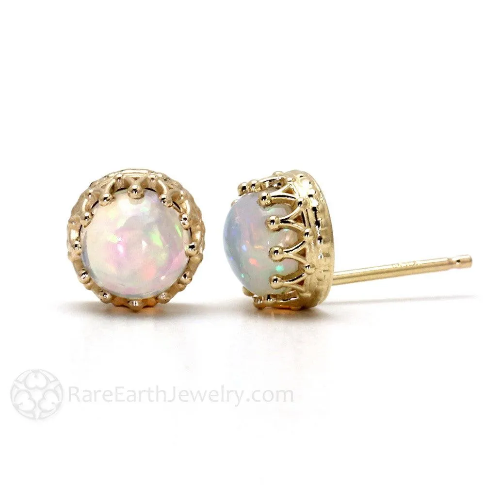 Opal Earrings 14K Gold Crown Design Studs October Birthstone