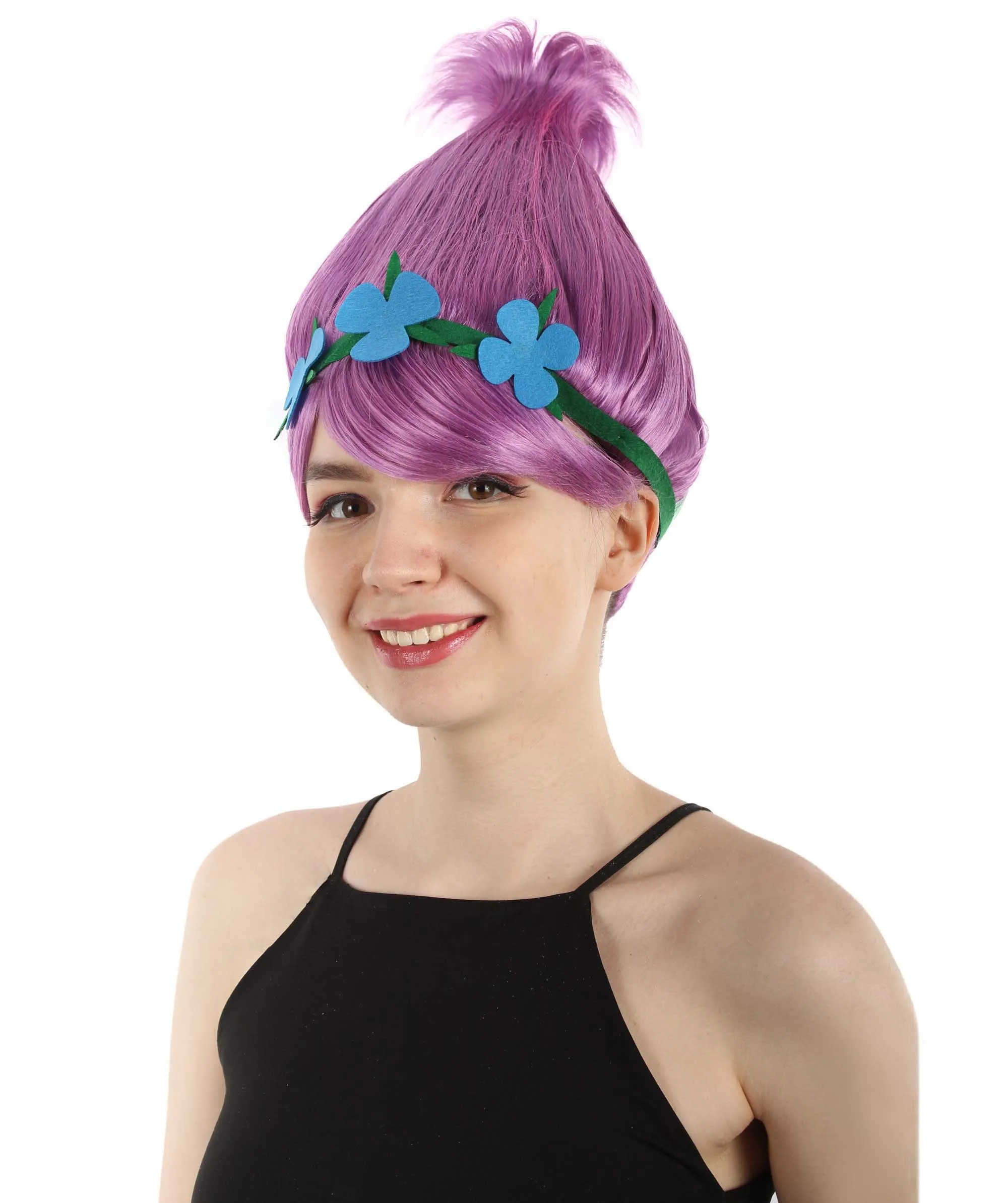 Princess Troll | Pink Pointy wig with Green and Blue Felt Flower Crown | Premium Halloween Wigs