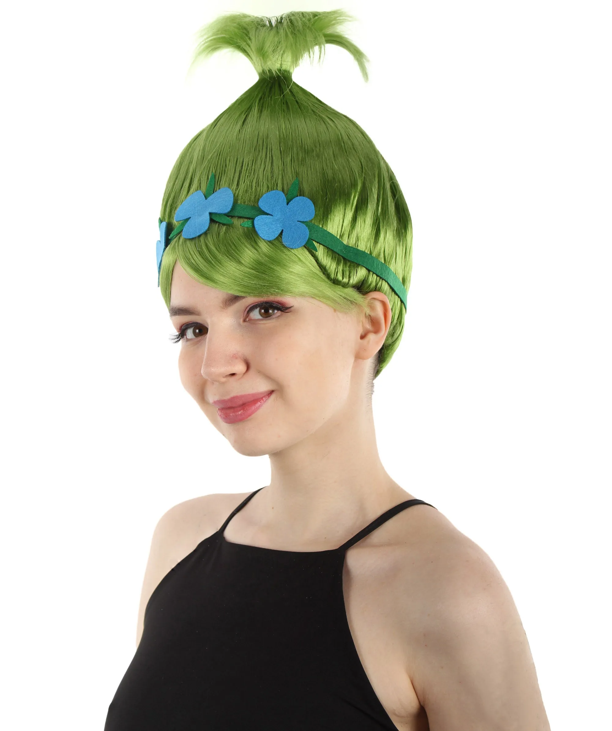 Princess Troll | Pink Pointy wig with Green and Blue Felt Flower Crown | Premium Halloween Wigs