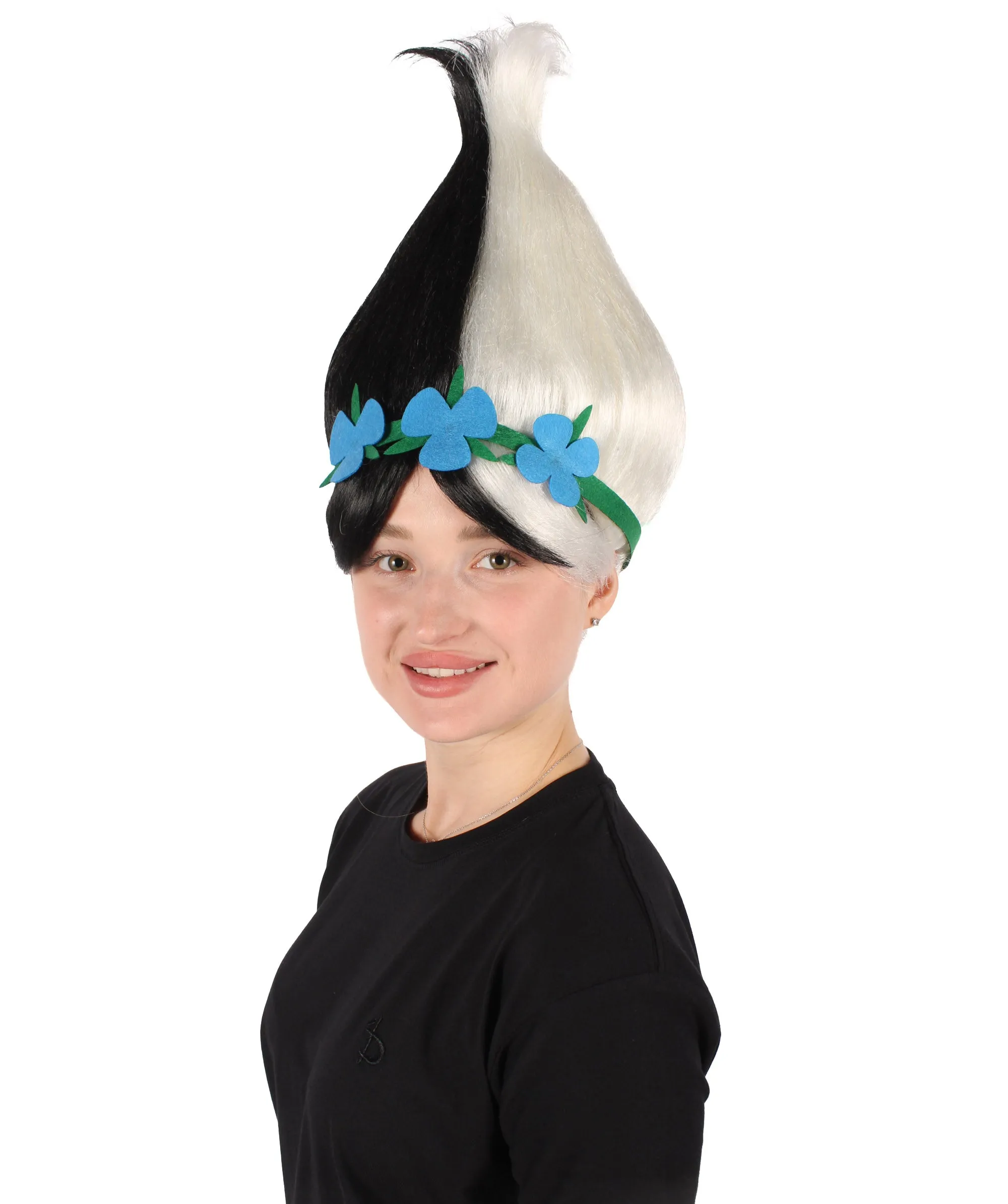 Princess Troll | Pink Pointy wig with Green and Blue Felt Flower Crown | Premium Halloween Wigs