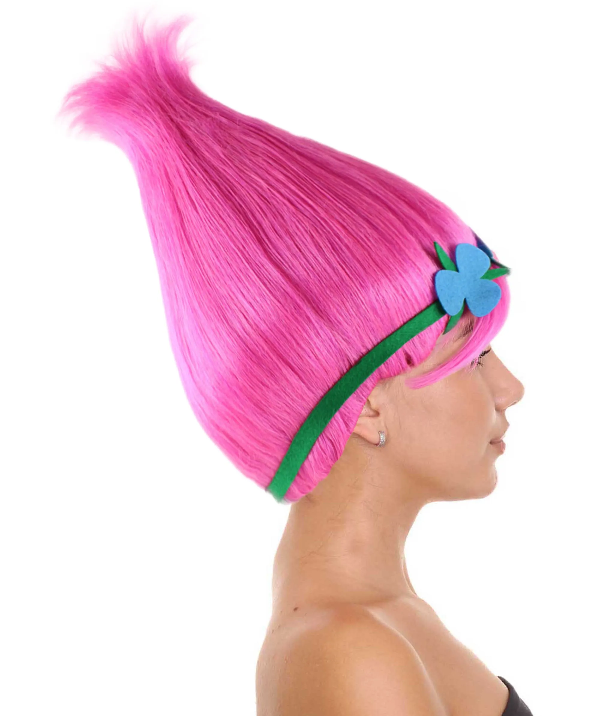 Princess Troll | Pink Pointy wig with Green and Blue Felt Flower Crown | Premium Halloween Wigs