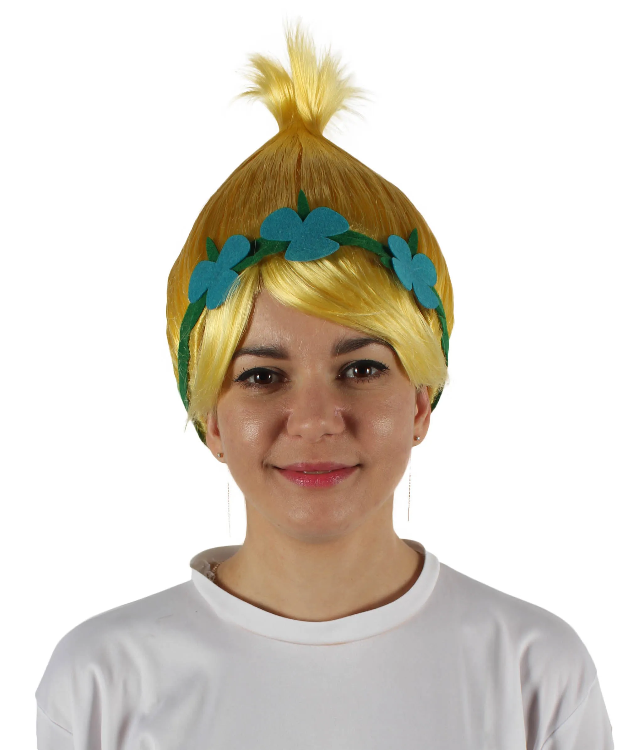 Princess Troll | Pink Pointy wig with Green and Blue Felt Flower Crown | Premium Halloween Wigs