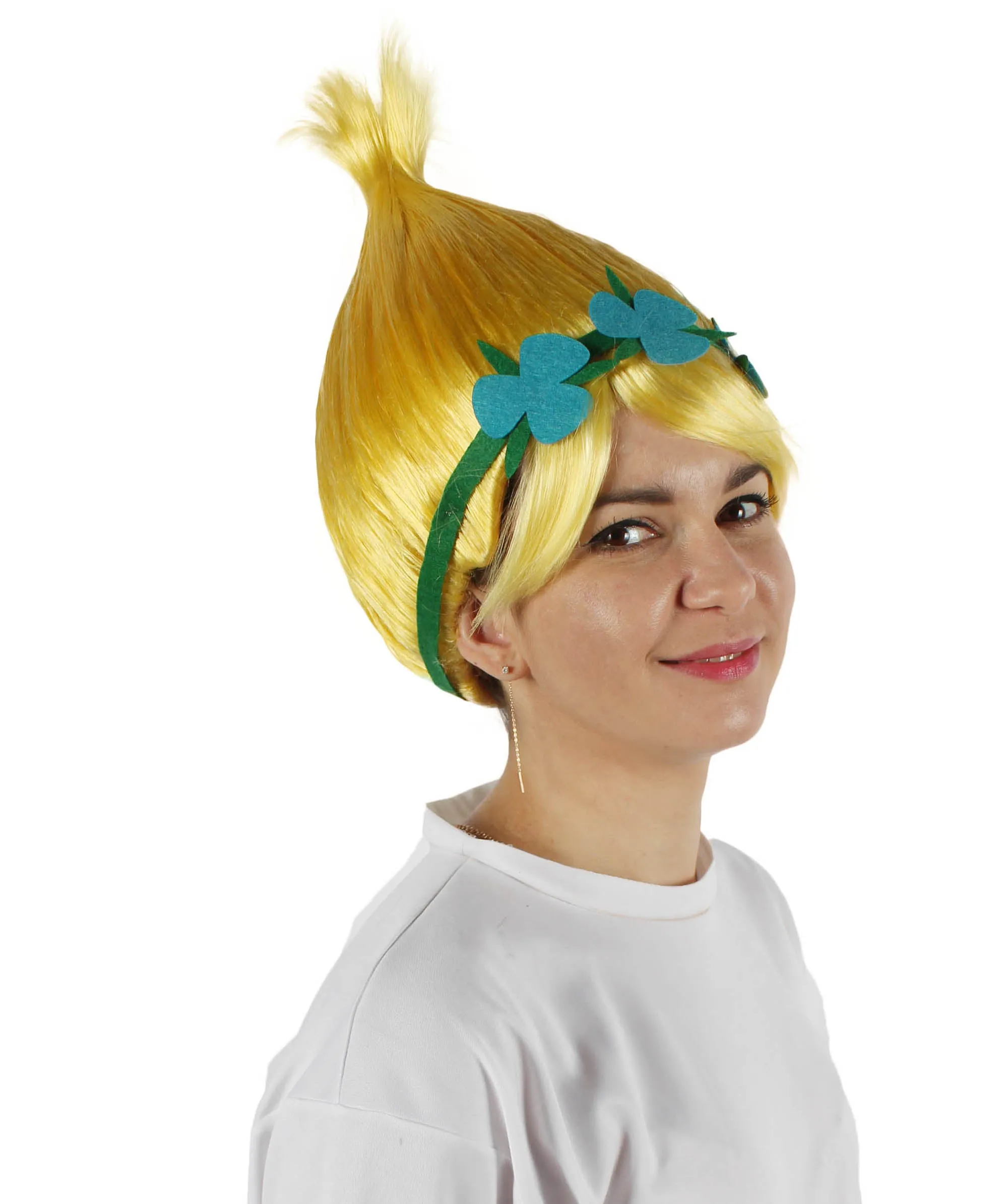 Princess Troll | Pink Pointy wig with Green and Blue Felt Flower Crown | Premium Halloween Wigs