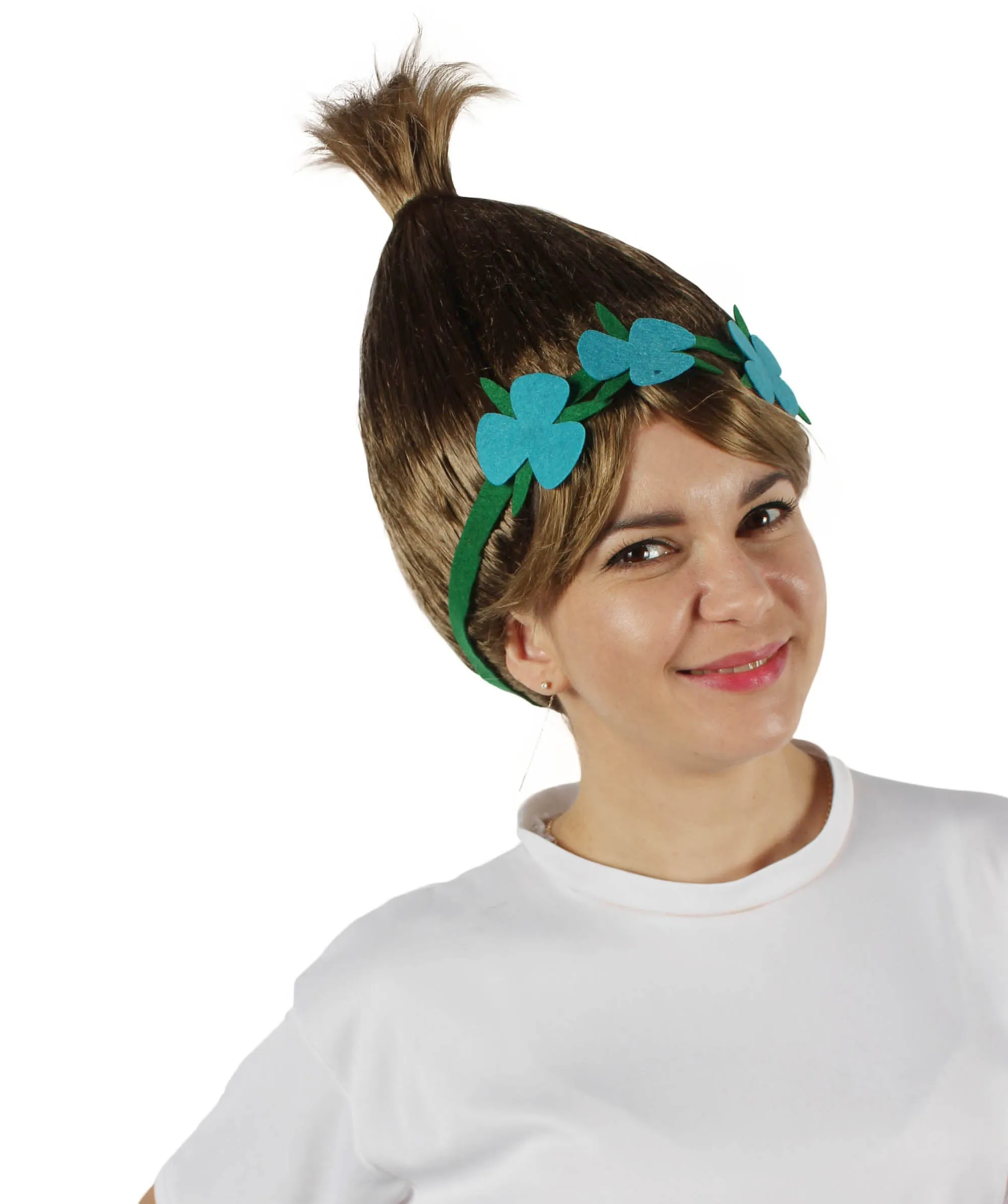 Princess Troll | Pink Pointy wig with Green and Blue Felt Flower Crown | Premium Halloween Wigs