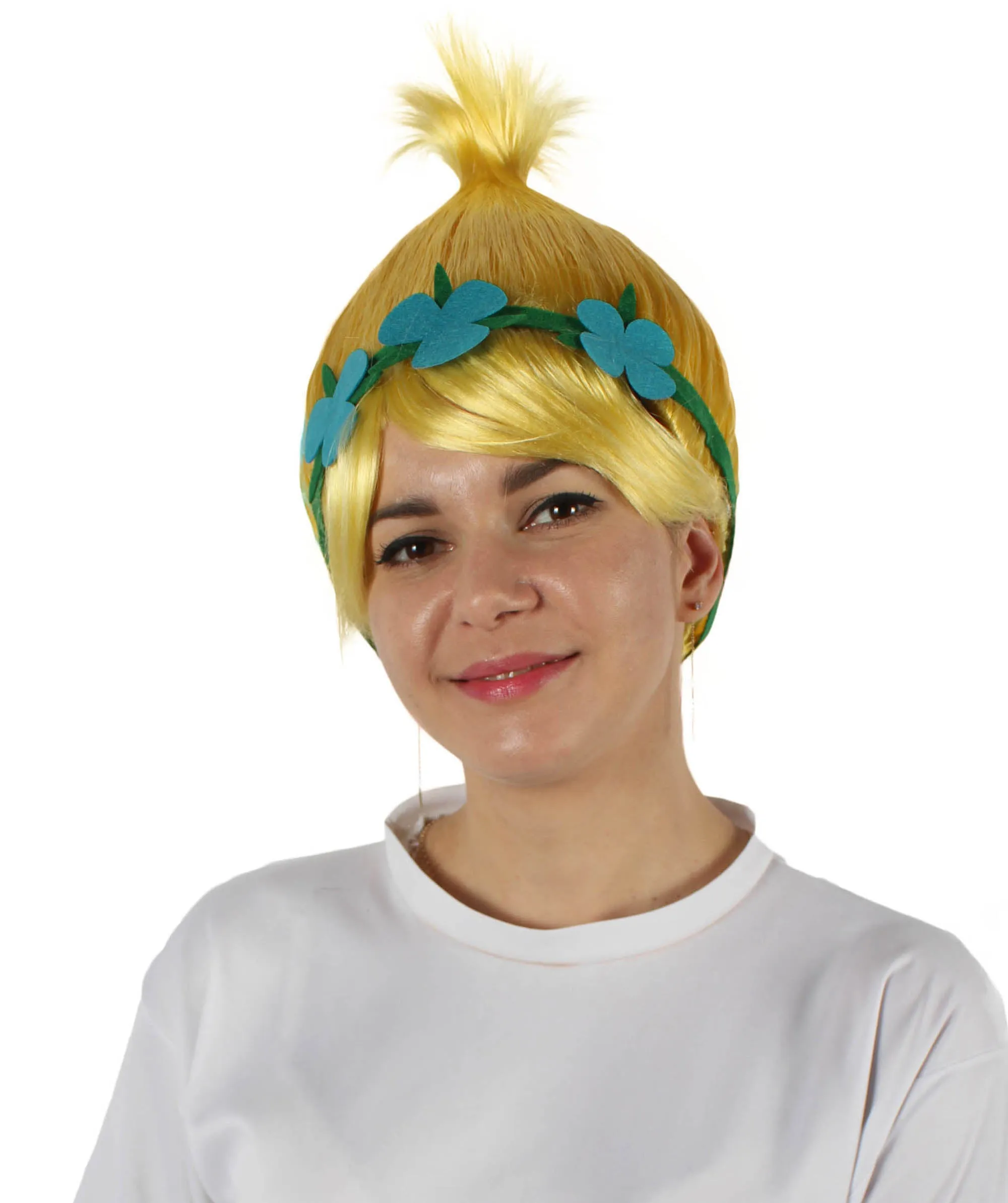 Princess Troll | Pink Pointy wig with Green and Blue Felt Flower Crown | Premium Halloween Wigs