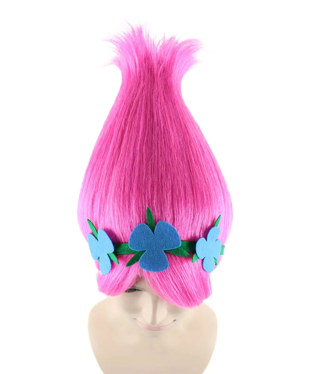 Princess Troll | Pink Pointy wig with Green and Blue Felt Flower Crown | Premium Halloween Wigs