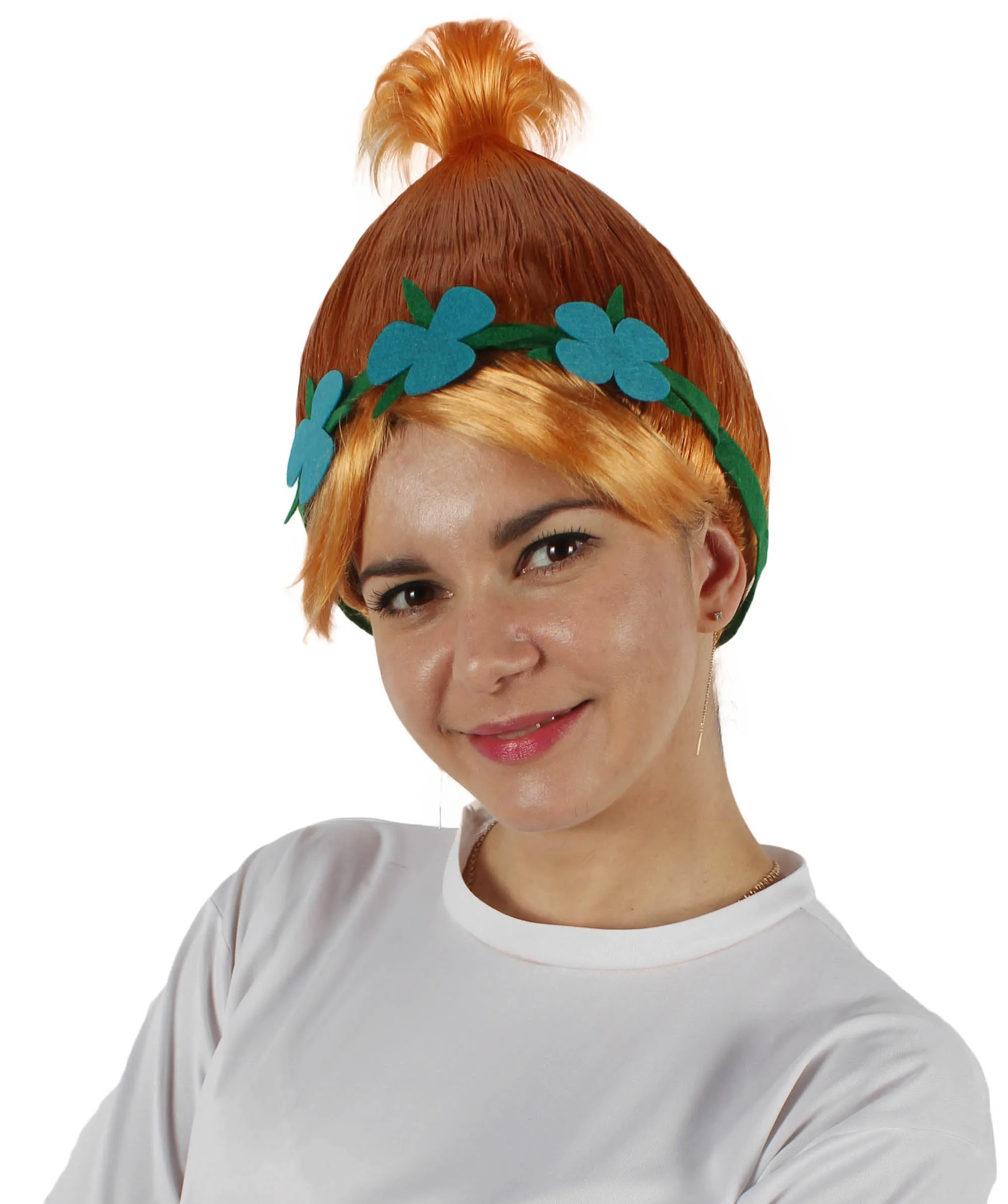 Princess Troll | Pink Pointy wig with Green and Blue Felt Flower Crown | Premium Halloween Wigs