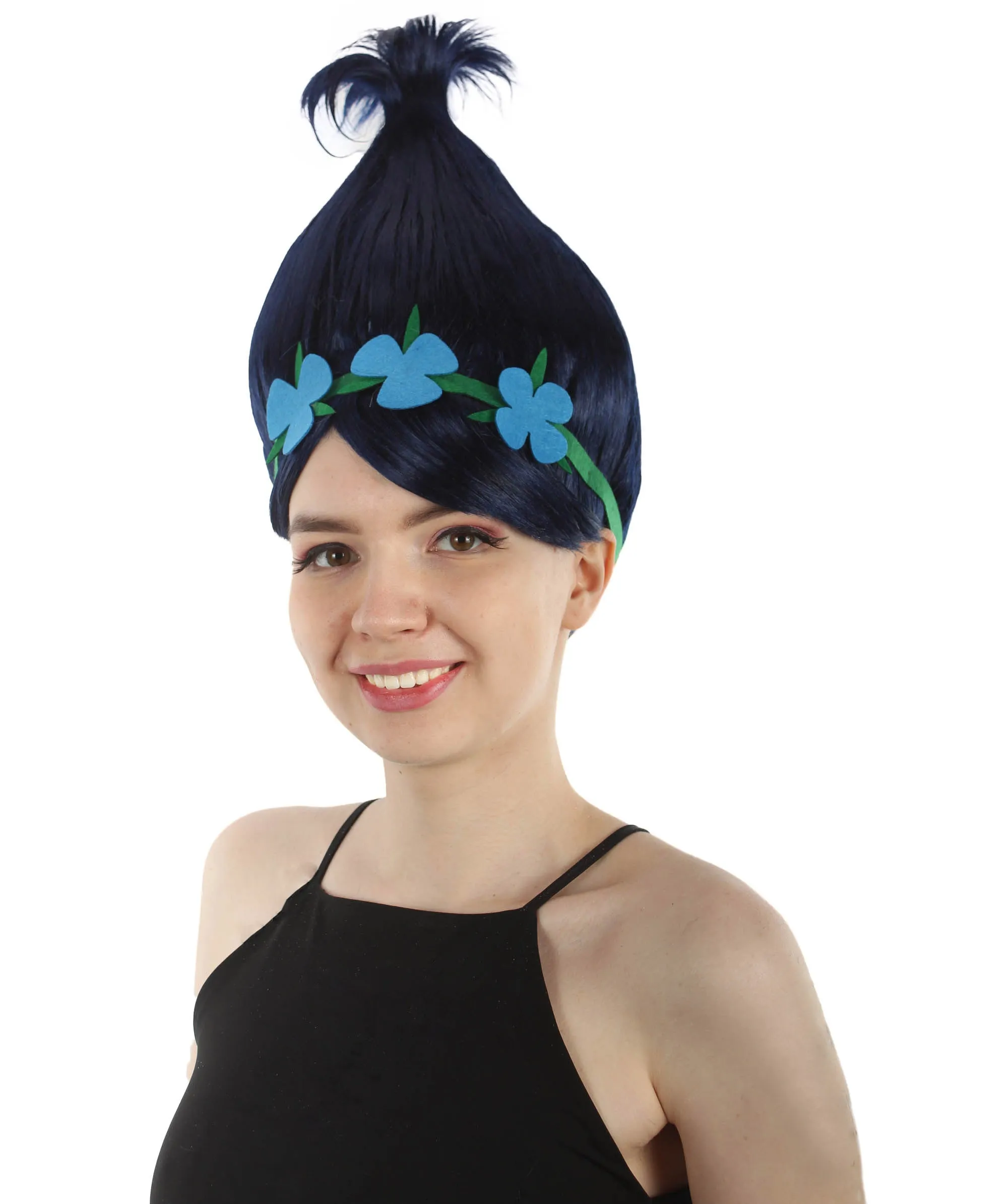 Princess Troll | Pink Pointy wig with Green and Blue Felt Flower Crown | Premium Halloween Wigs