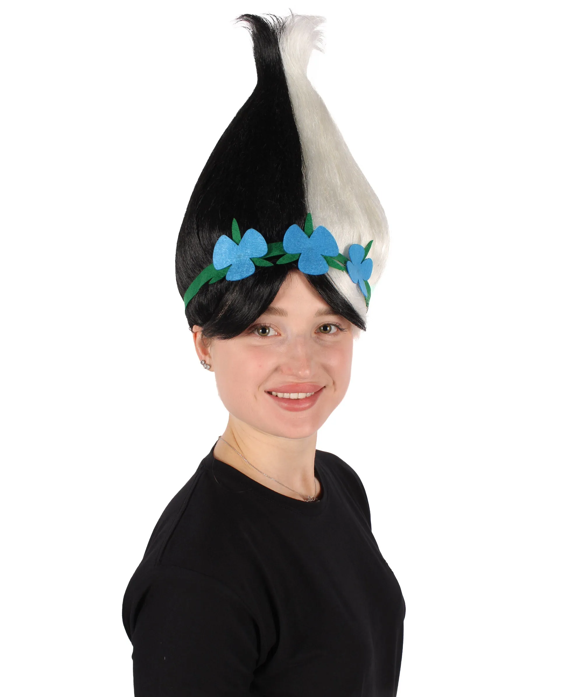 Princess Troll | Pink Pointy wig with Green and Blue Felt Flower Crown | Premium Halloween Wigs