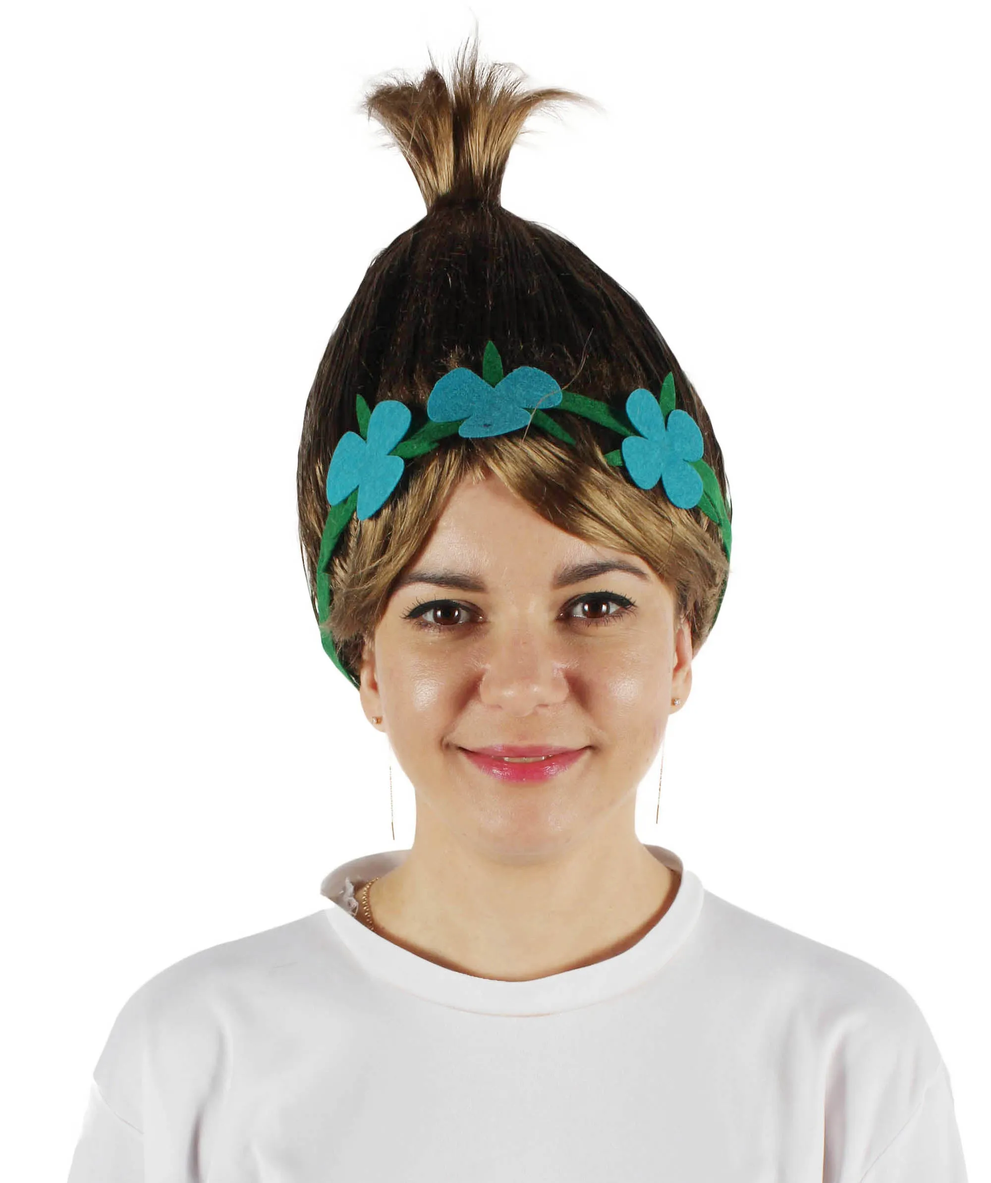Princess Troll | Pink Pointy wig with Green and Blue Felt Flower Crown | Premium Halloween Wigs