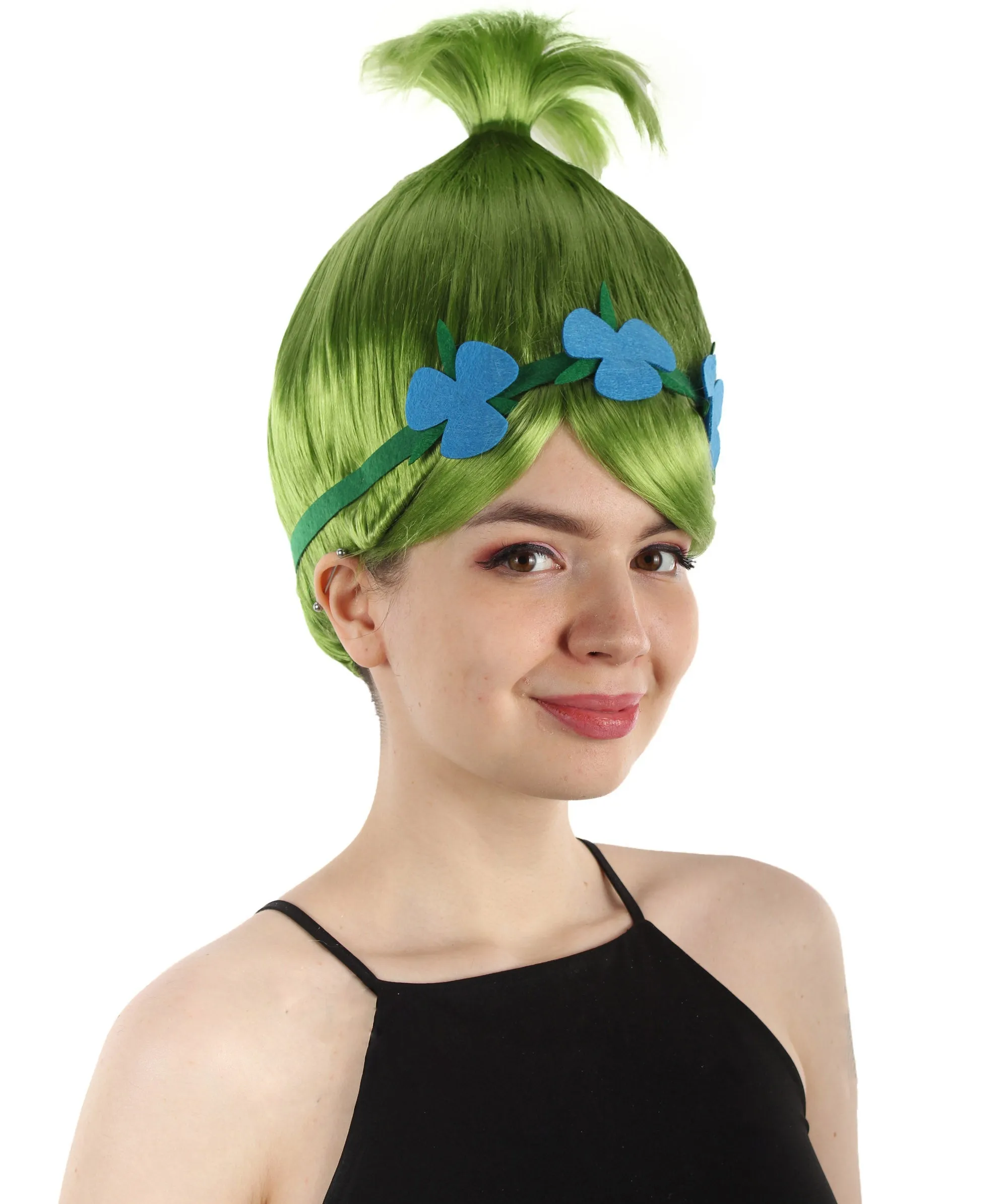 Princess Troll | Pink Pointy wig with Green and Blue Felt Flower Crown | Premium Halloween Wigs