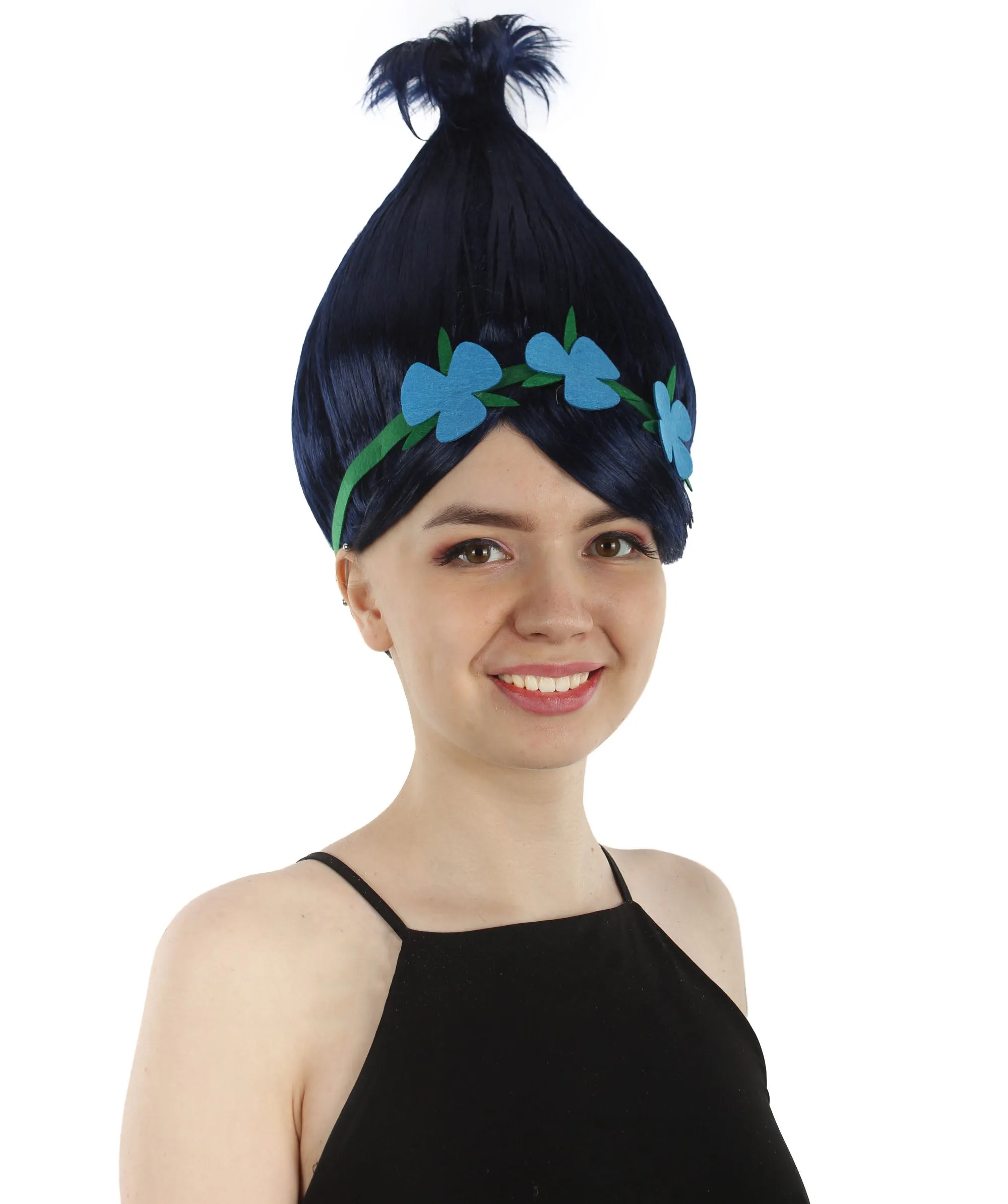 Princess Troll | Pink Pointy wig with Green and Blue Felt Flower Crown | Premium Halloween Wigs