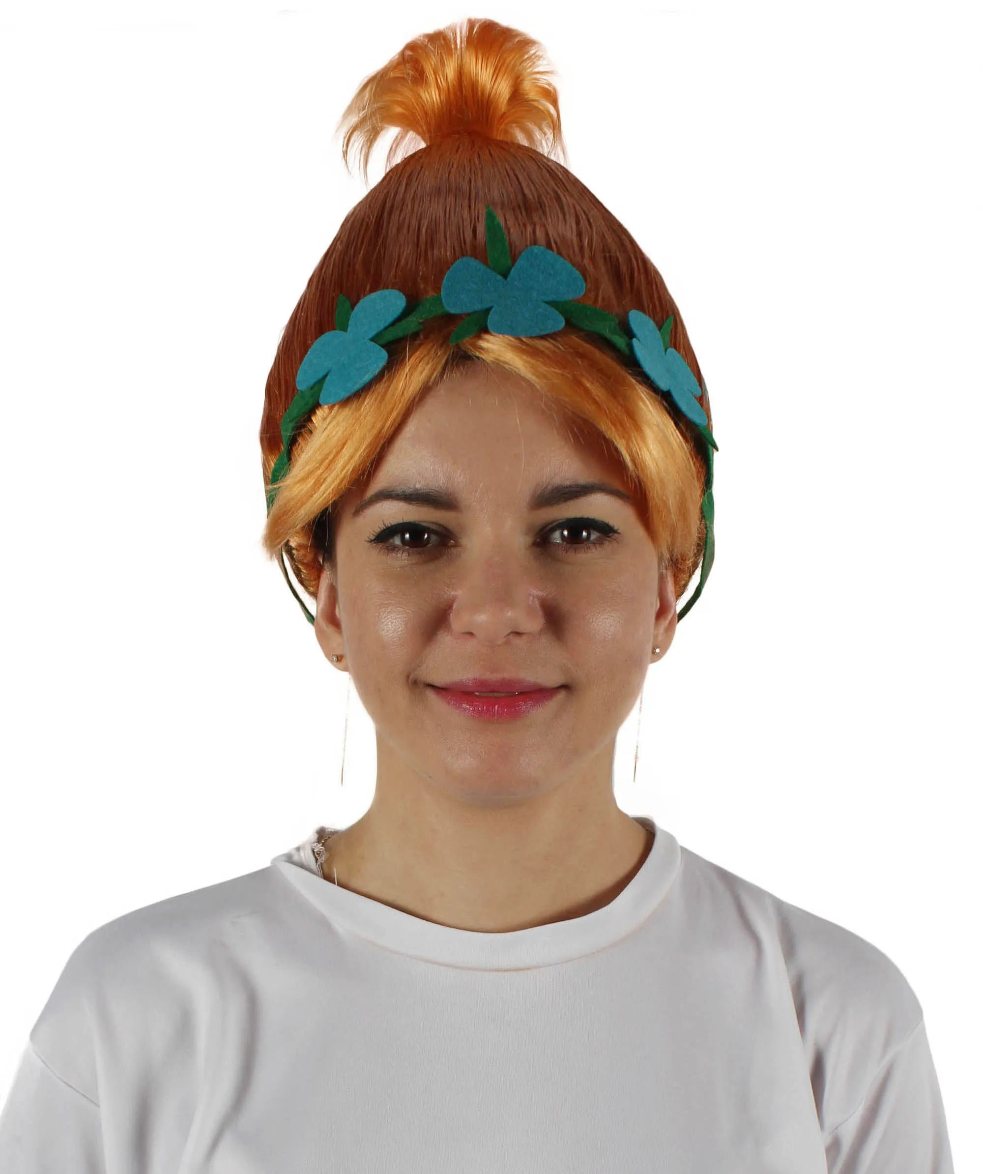 Princess Troll | Pink Pointy wig with Green and Blue Felt Flower Crown | Premium Halloween Wigs