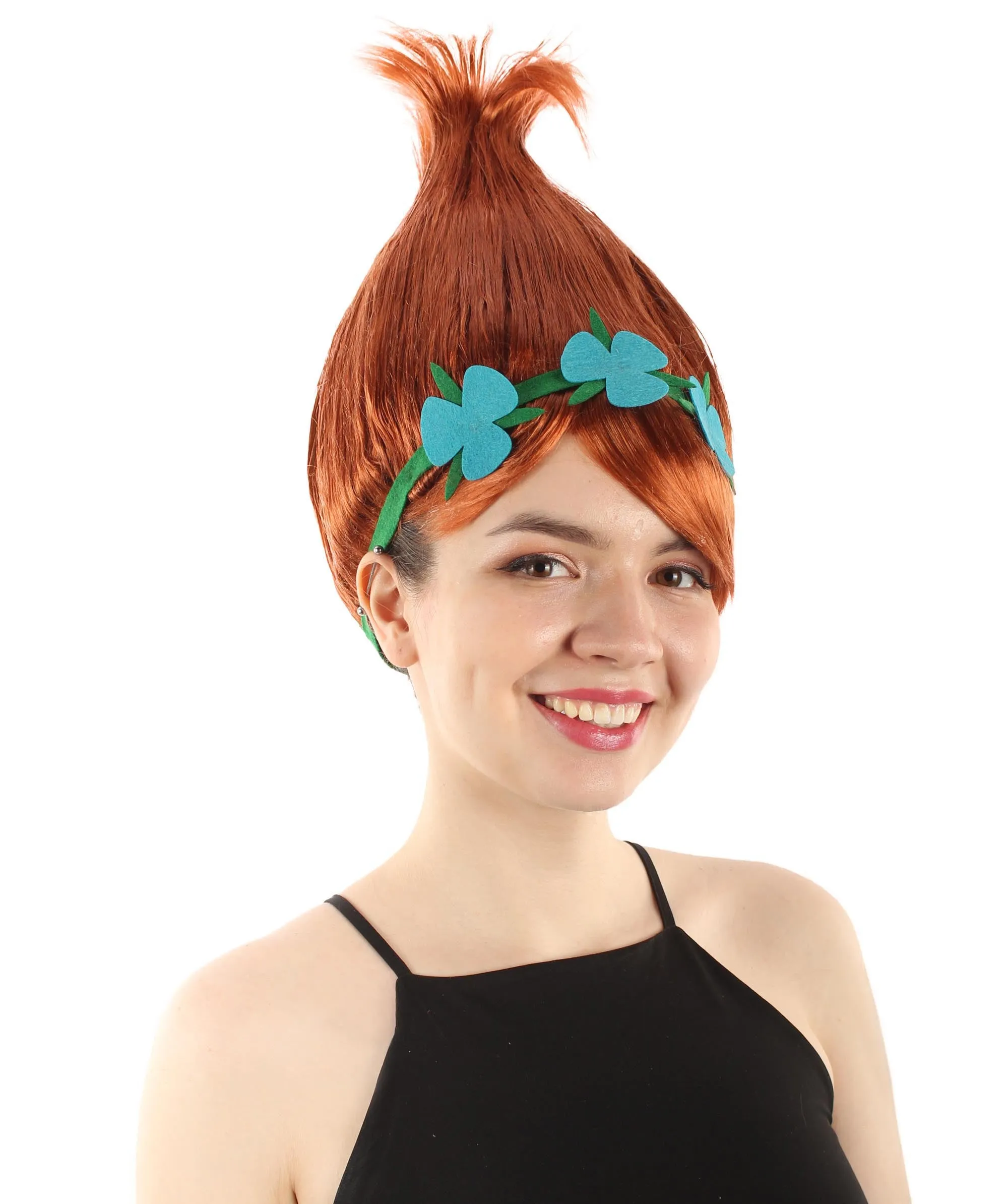 Princess Troll | Pink Pointy wig with Green and Blue Felt Flower Crown | Premium Halloween Wigs