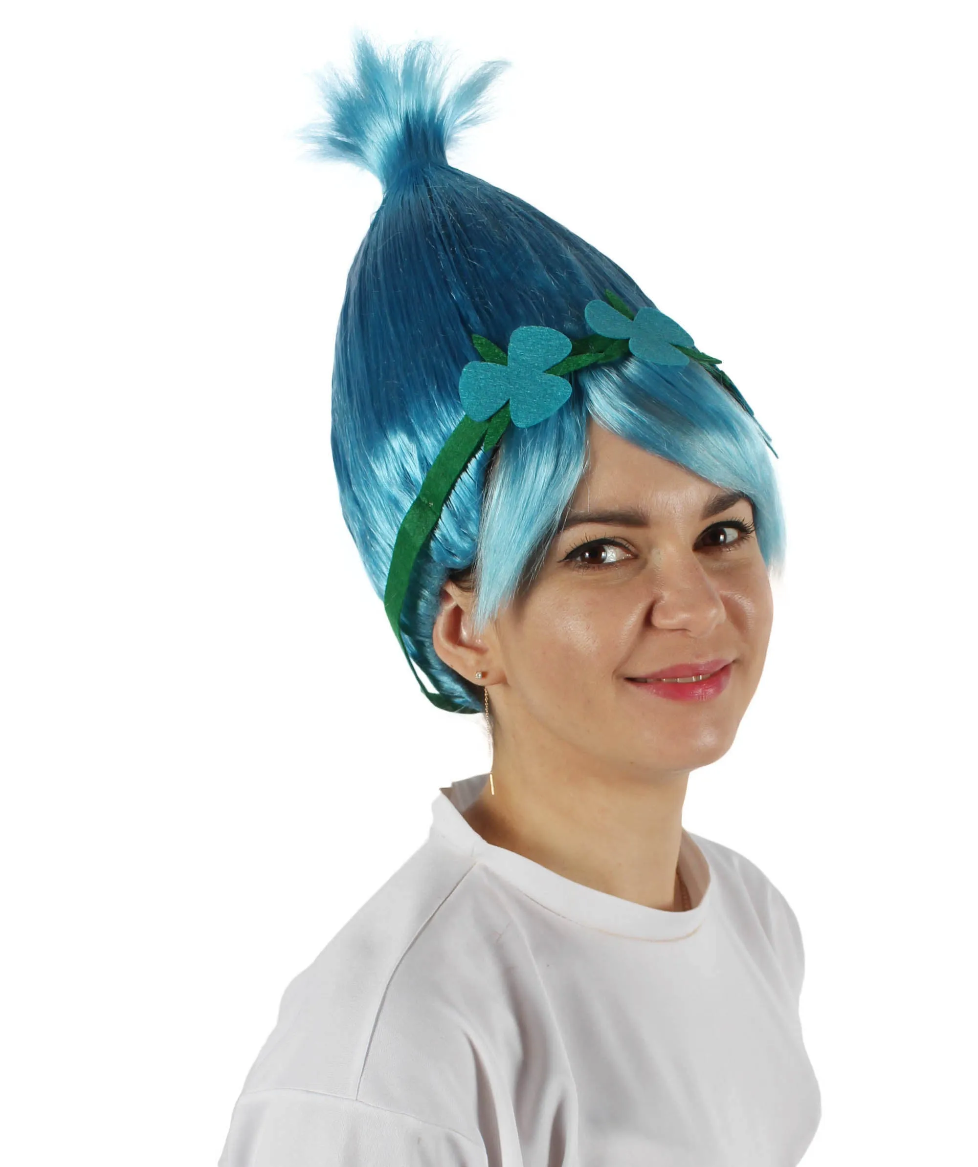 Princess Troll | Pink Pointy wig with Green and Blue Felt Flower Crown | Premium Halloween Wigs