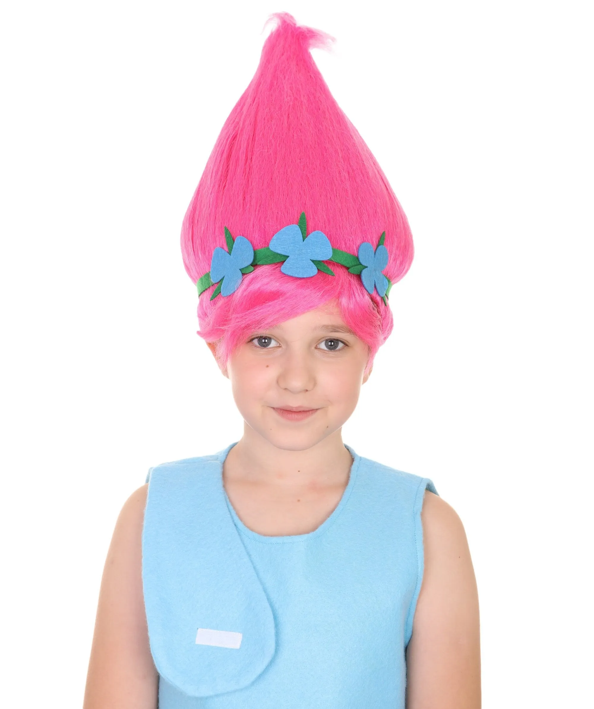 Princess Troll | Pink Pointy wig with Green and Blue Felt Flower Crown | Premium Halloween Wigs