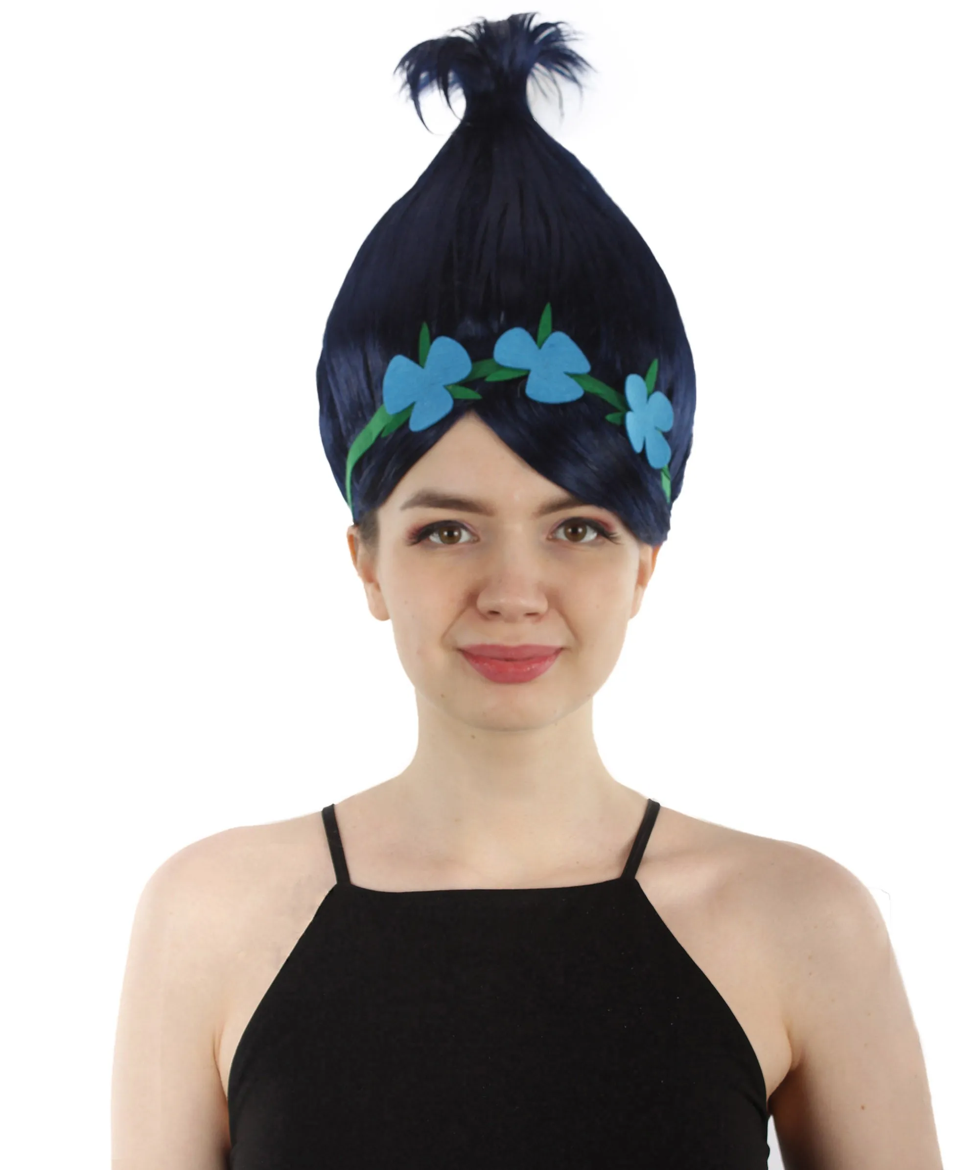 Princess Troll | Pink Pointy wig with Green and Blue Felt Flower Crown | Premium Halloween Wigs