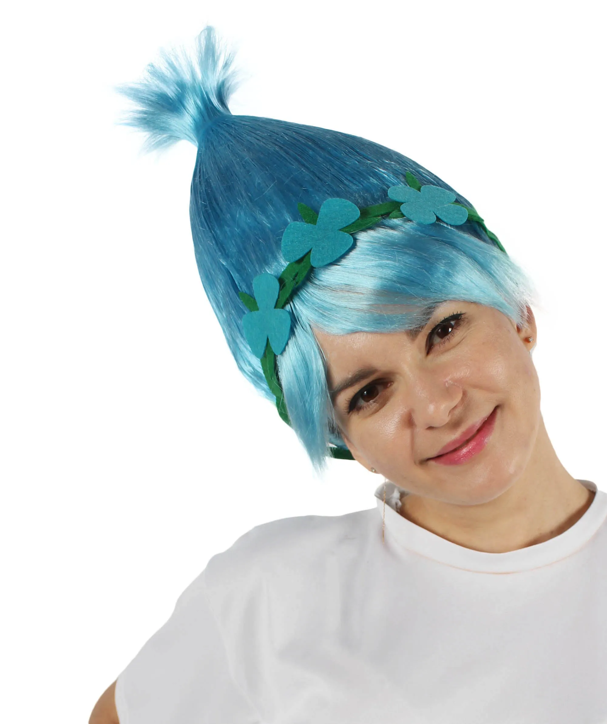 Princess Troll | Pink Pointy wig with Green and Blue Felt Flower Crown | Premium Halloween Wigs