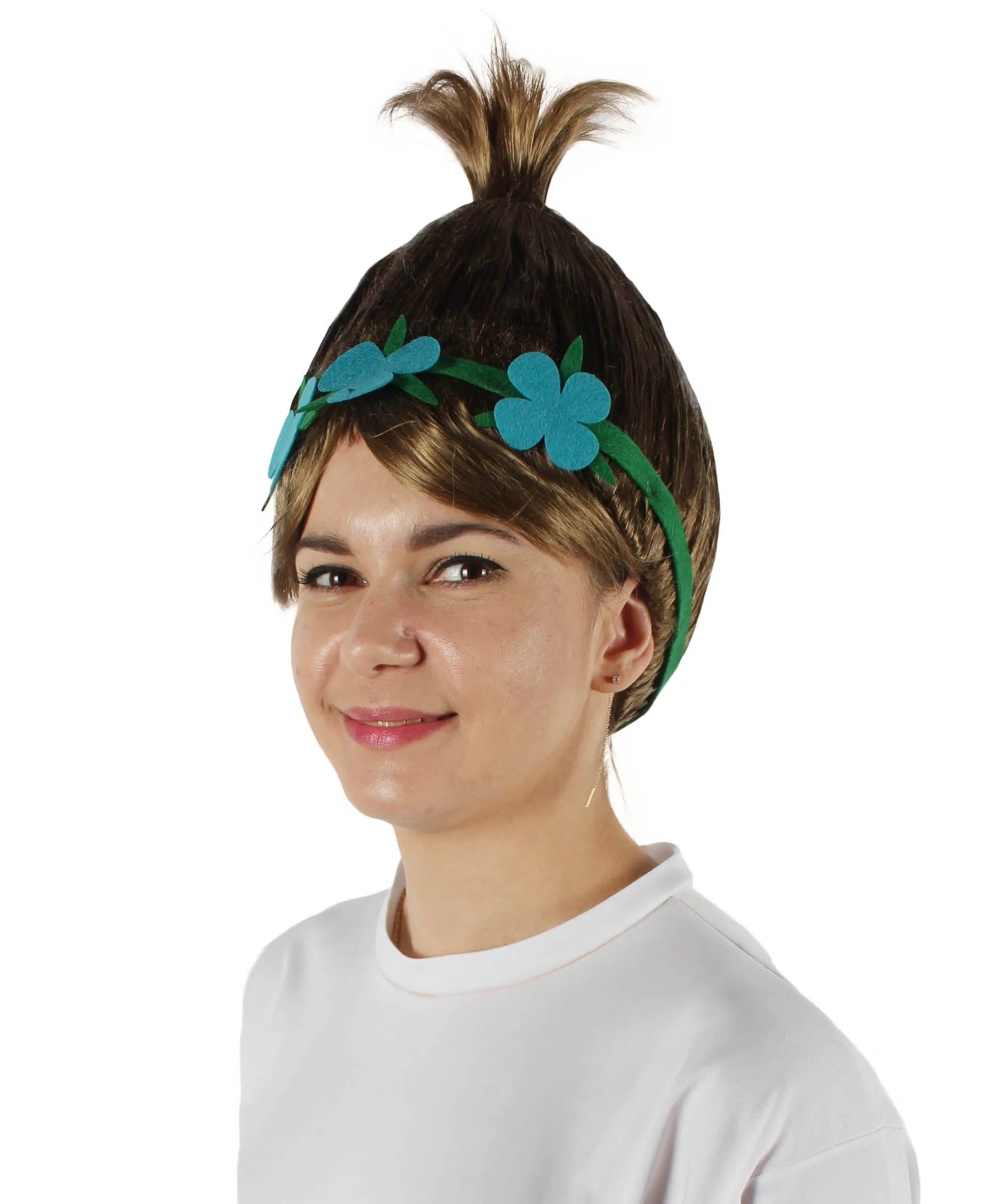 Princess Troll | Pink Pointy wig with Green and Blue Felt Flower Crown | Premium Halloween Wigs