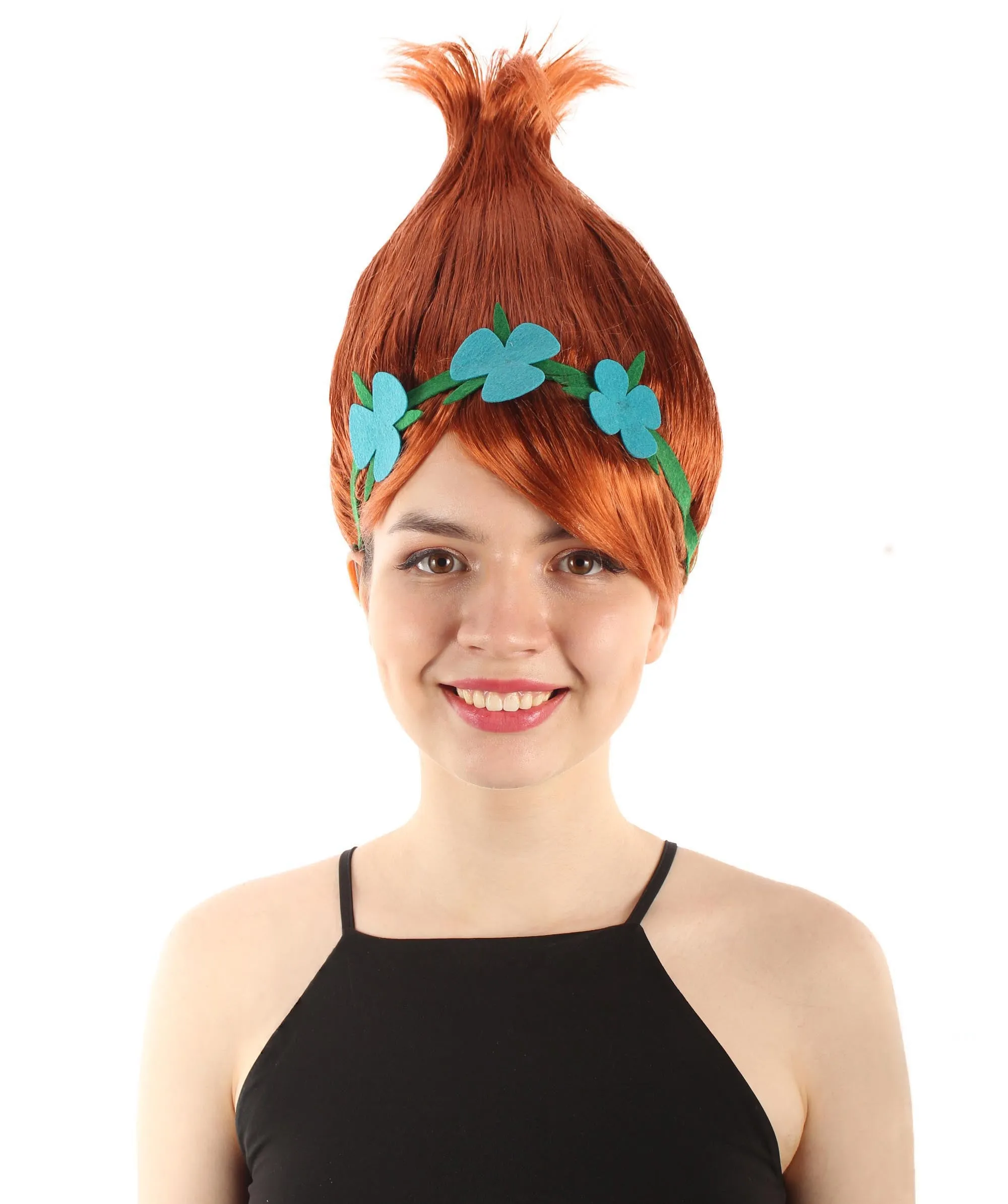 Princess Troll | Pink Pointy wig with Green and Blue Felt Flower Crown | Premium Halloween Wigs