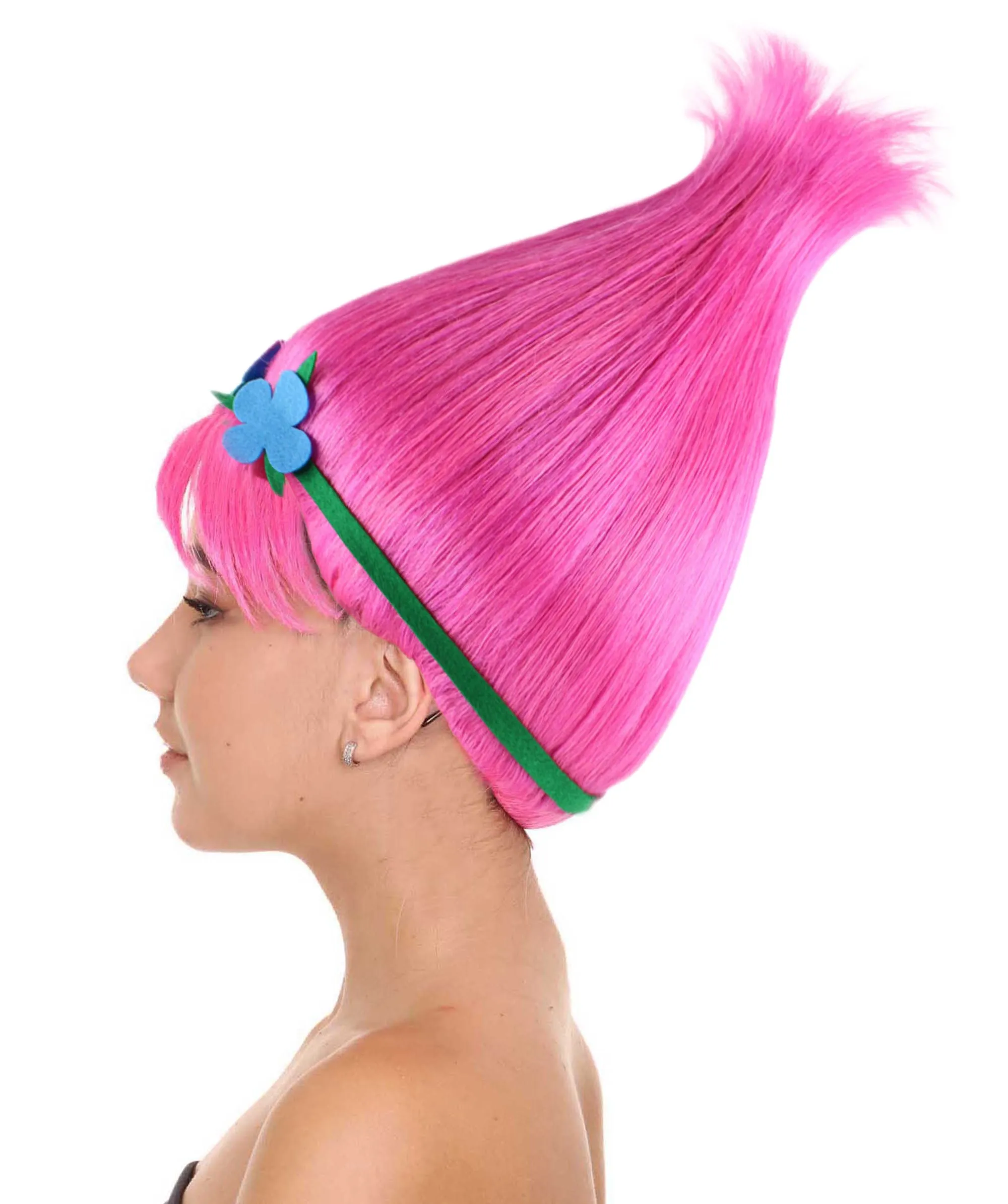 Princess Troll | Pink Pointy wig with Green and Blue Felt Flower Crown | Premium Halloween Wigs