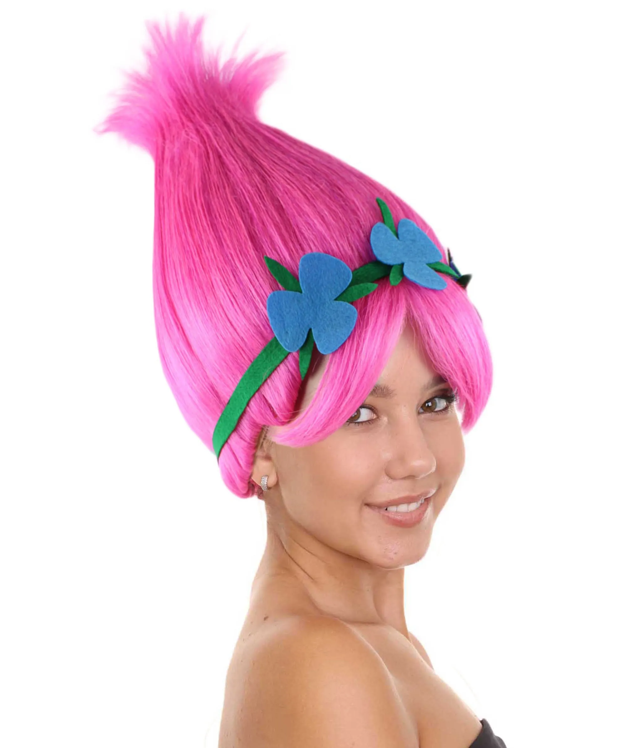 Princess Troll | Pink Pointy wig with Green and Blue Felt Flower Crown | Premium Halloween Wigs