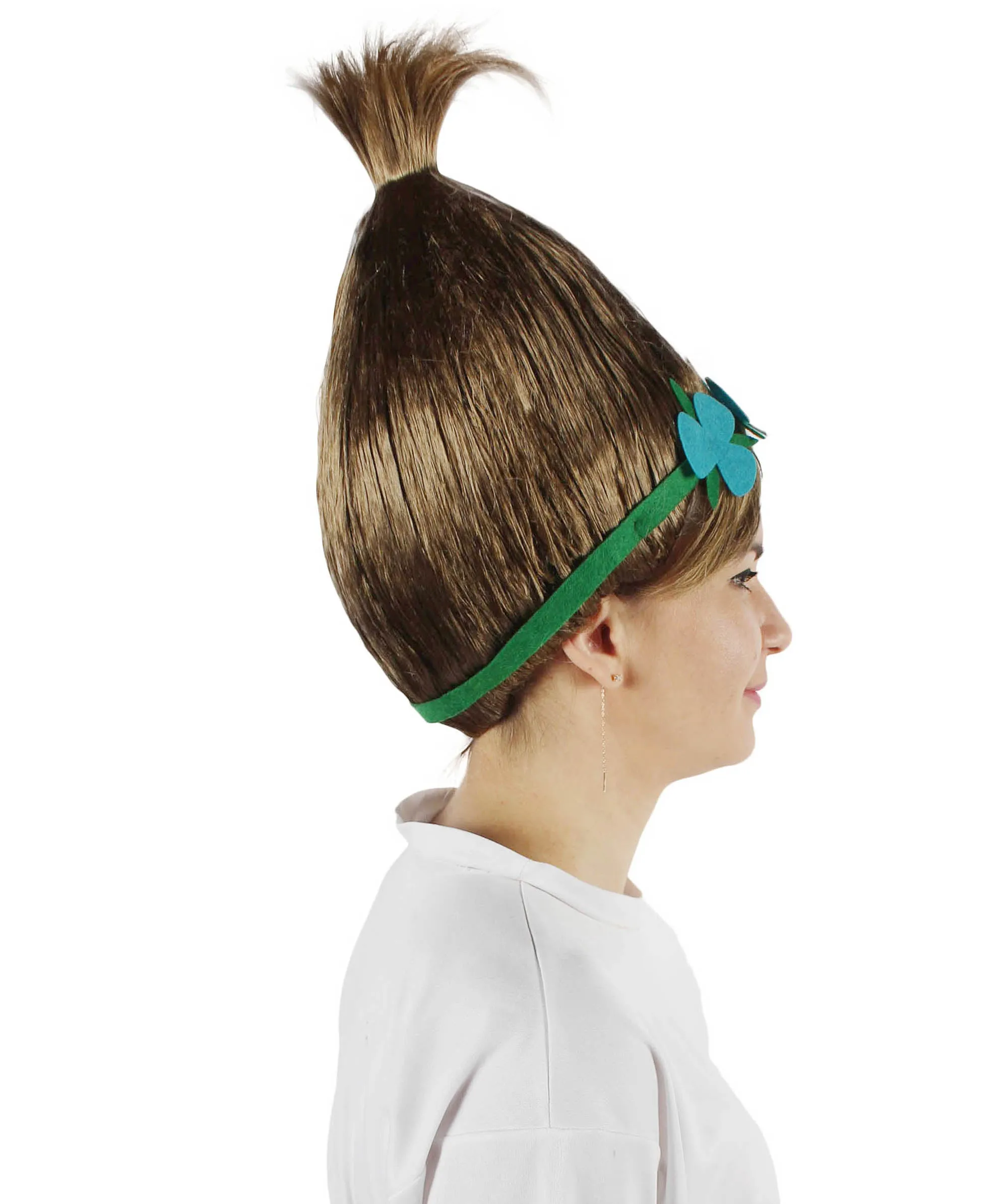 Princess Troll | Pink Pointy wig with Green and Blue Felt Flower Crown | Premium Halloween Wigs