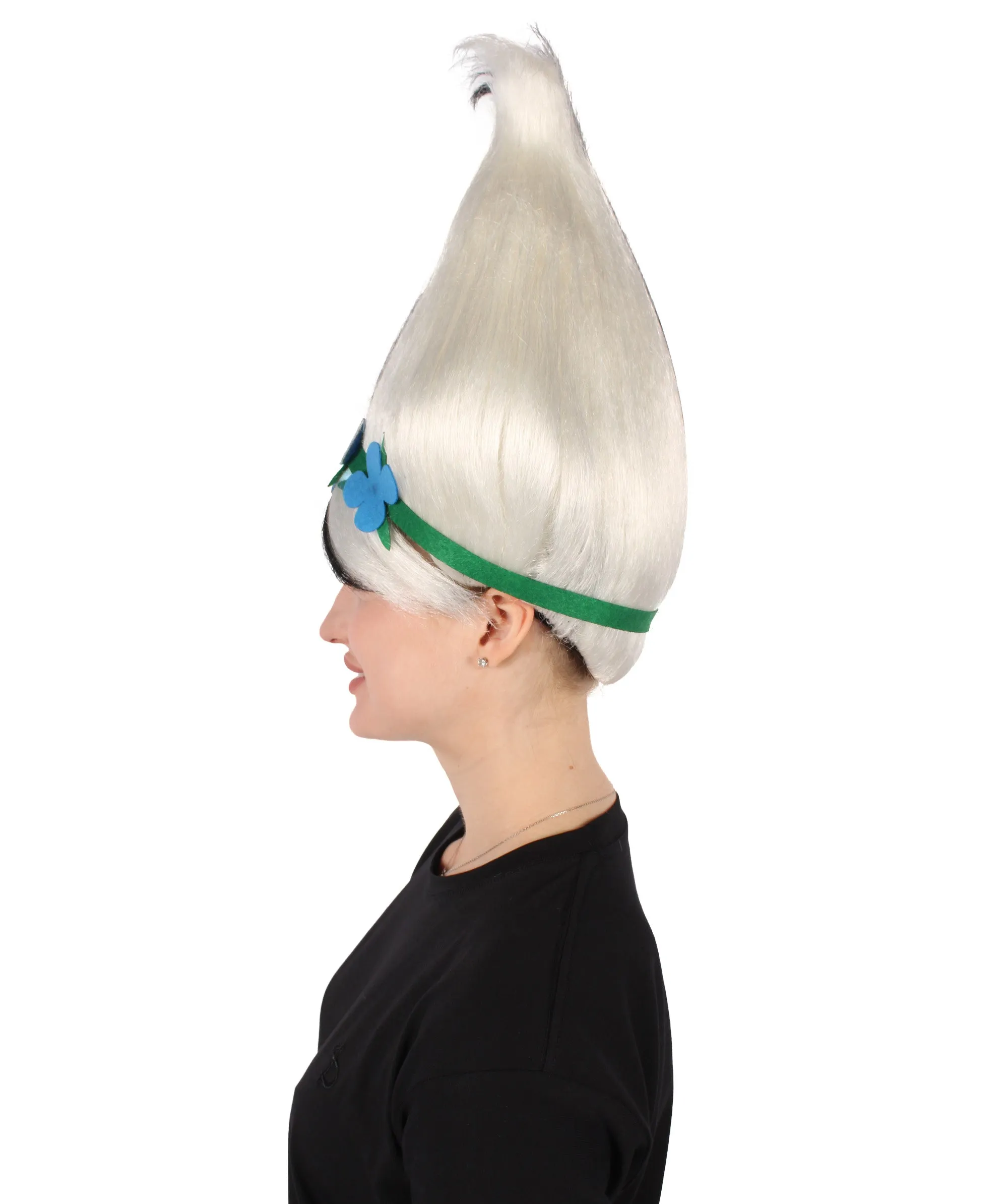 Princess Troll | Pink Pointy wig with Green and Blue Felt Flower Crown | Premium Halloween Wigs
