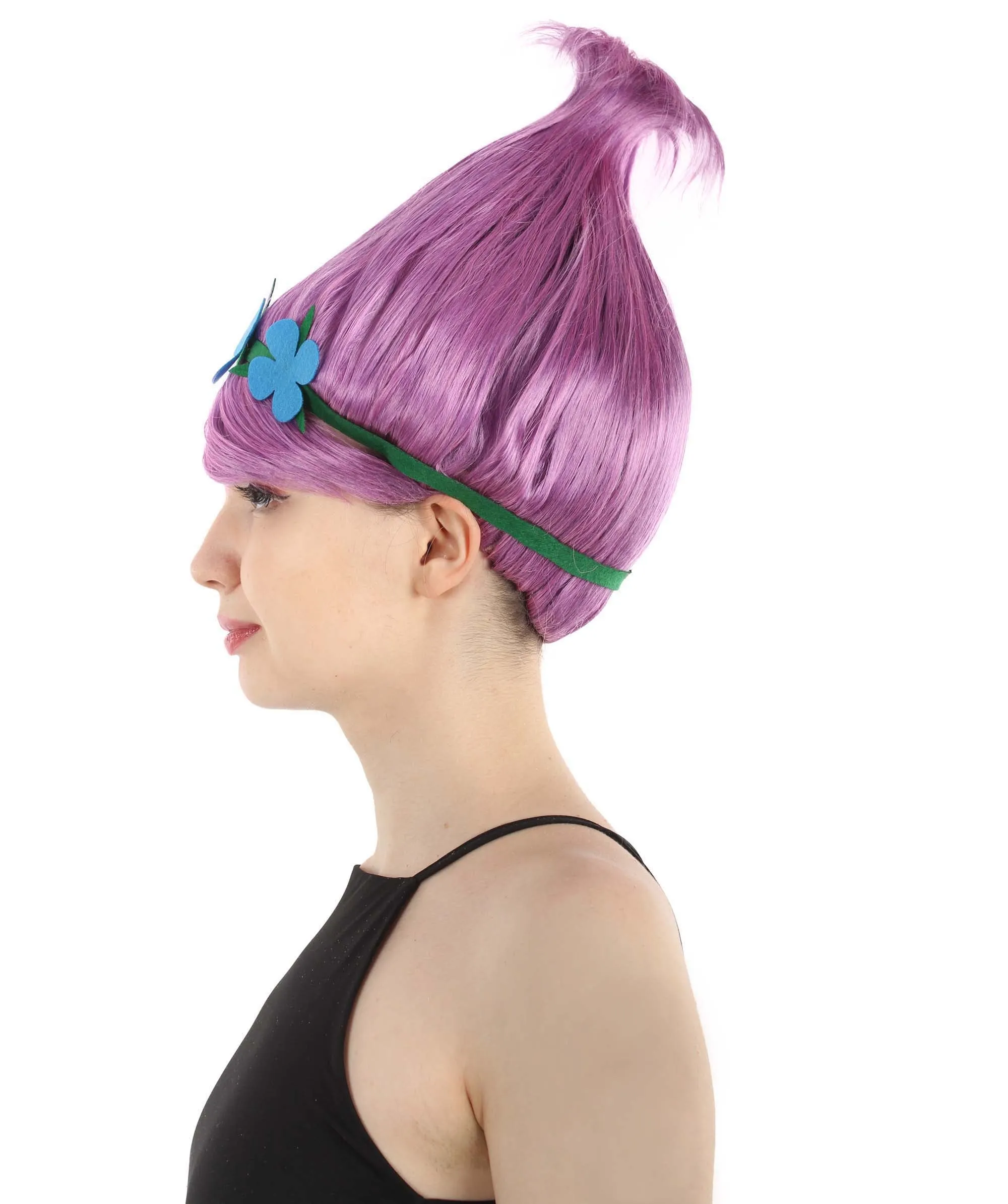 Princess Troll | Pink Pointy wig with Green and Blue Felt Flower Crown | Premium Halloween Wigs