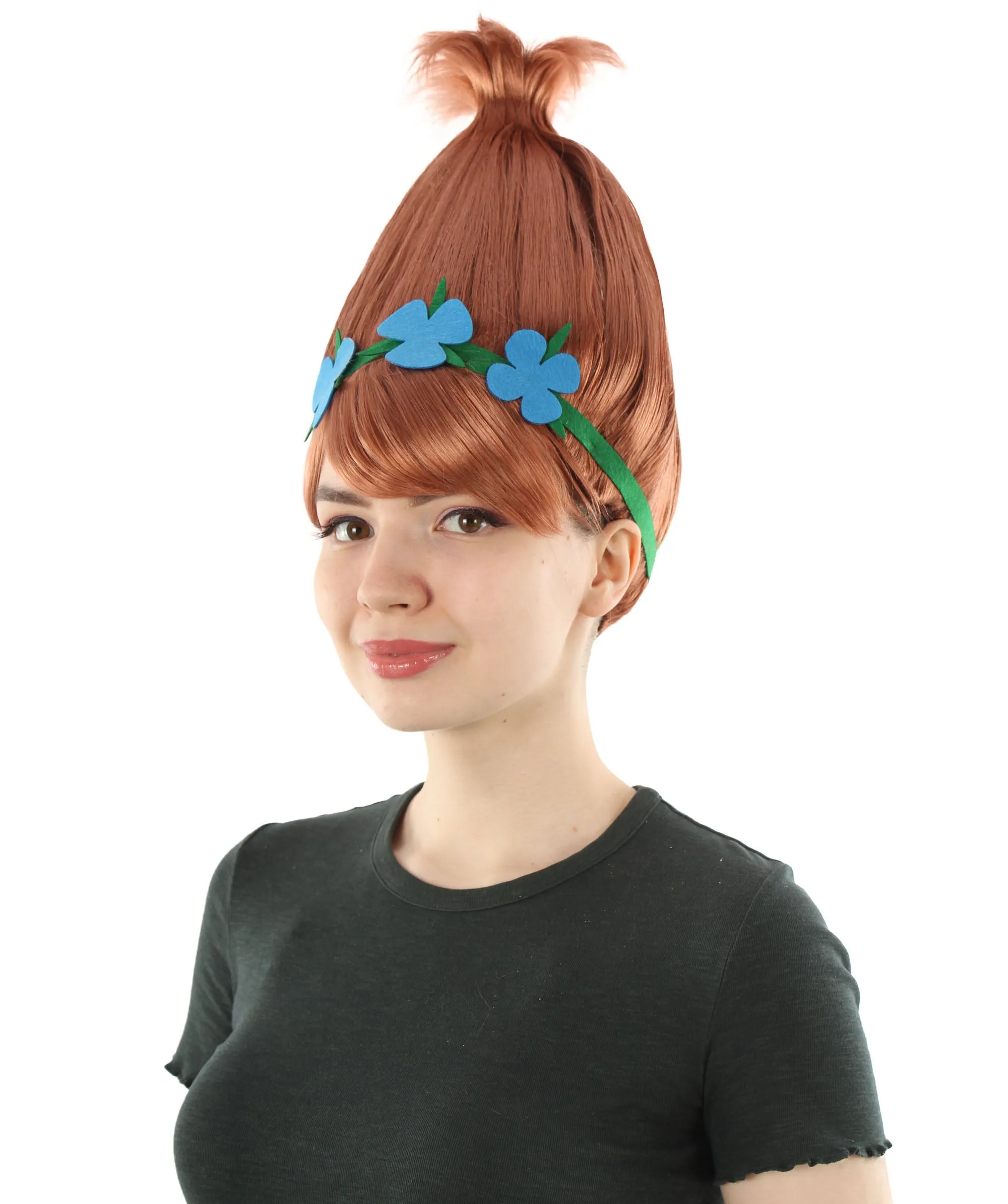 Princess Troll | Pink Pointy wig with Green and Blue Felt Flower Crown | Premium Halloween Wigs