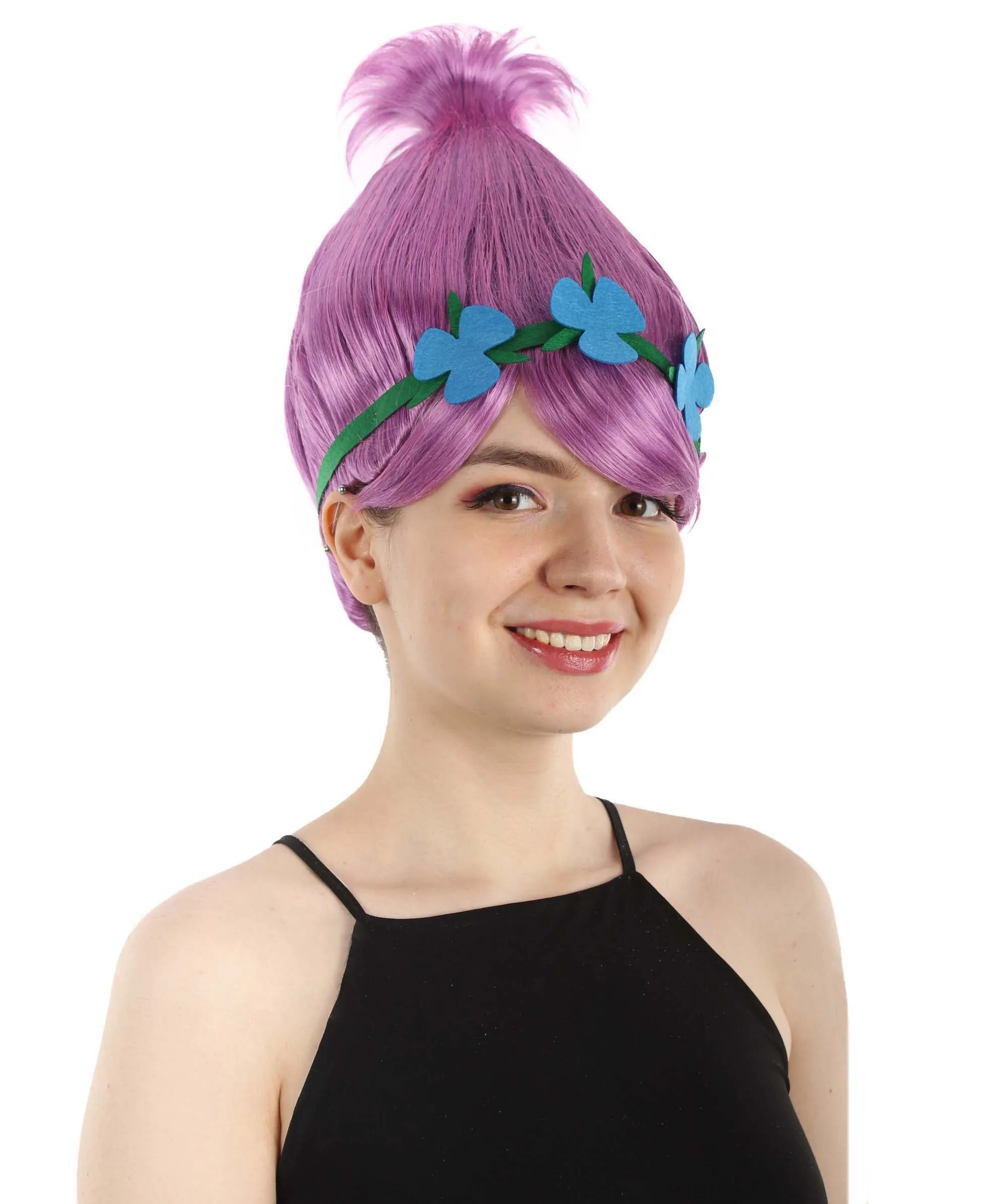 Princess Troll | Pink Pointy wig with Green and Blue Felt Flower Crown | Premium Halloween Wigs