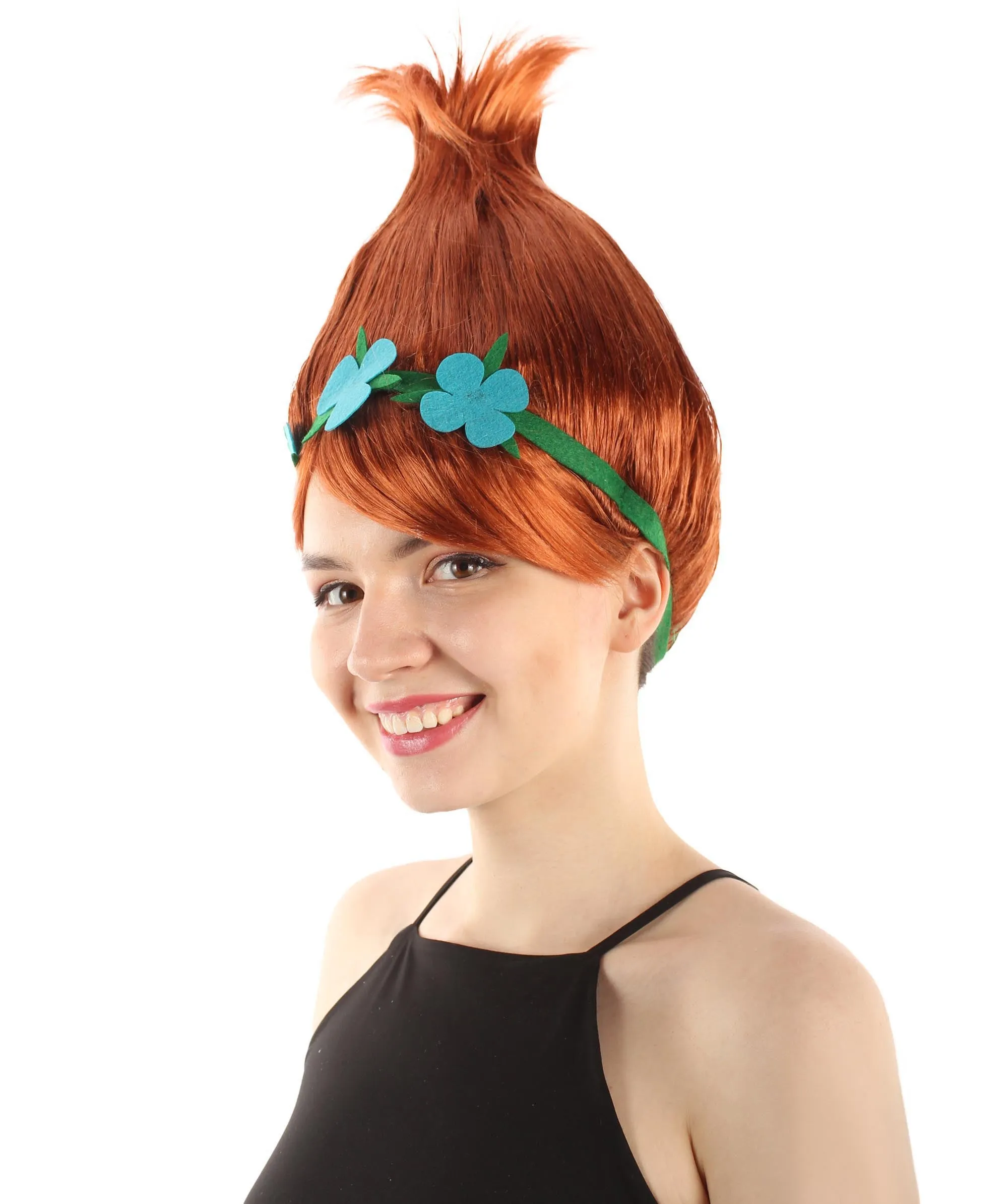 Princess Troll | Pink Pointy wig with Green and Blue Felt Flower Crown | Premium Halloween Wigs