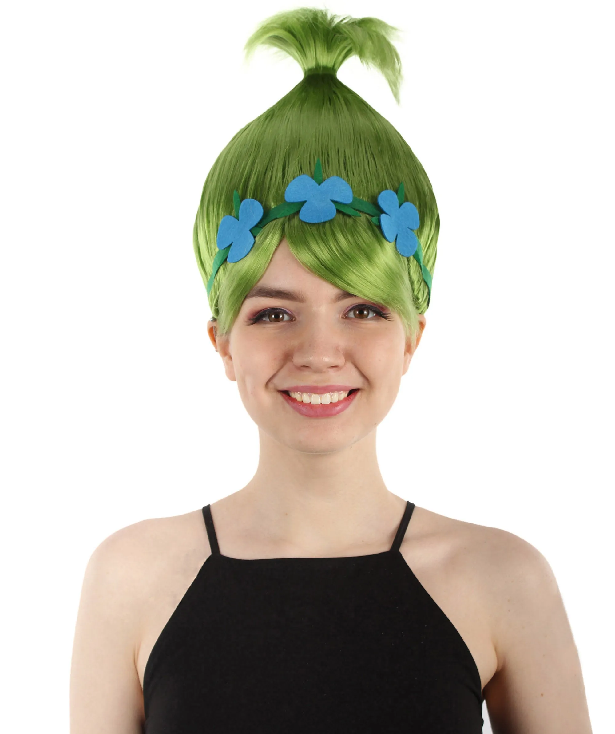 Princess Troll | Pink Pointy wig with Green and Blue Felt Flower Crown | Premium Halloween Wigs