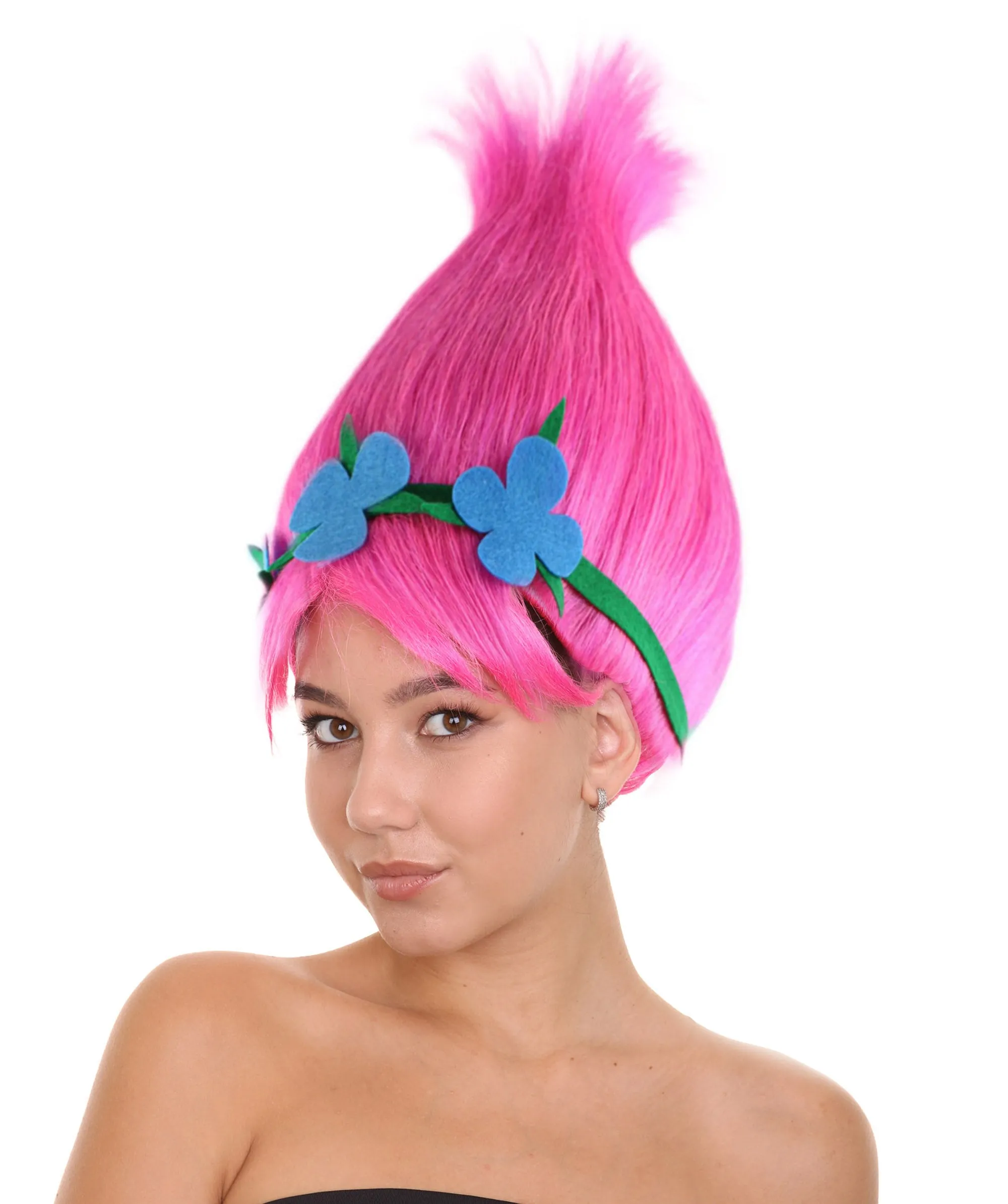Princess Troll | Pink Pointy wig with Green and Blue Felt Flower Crown | Premium Halloween Wigs
