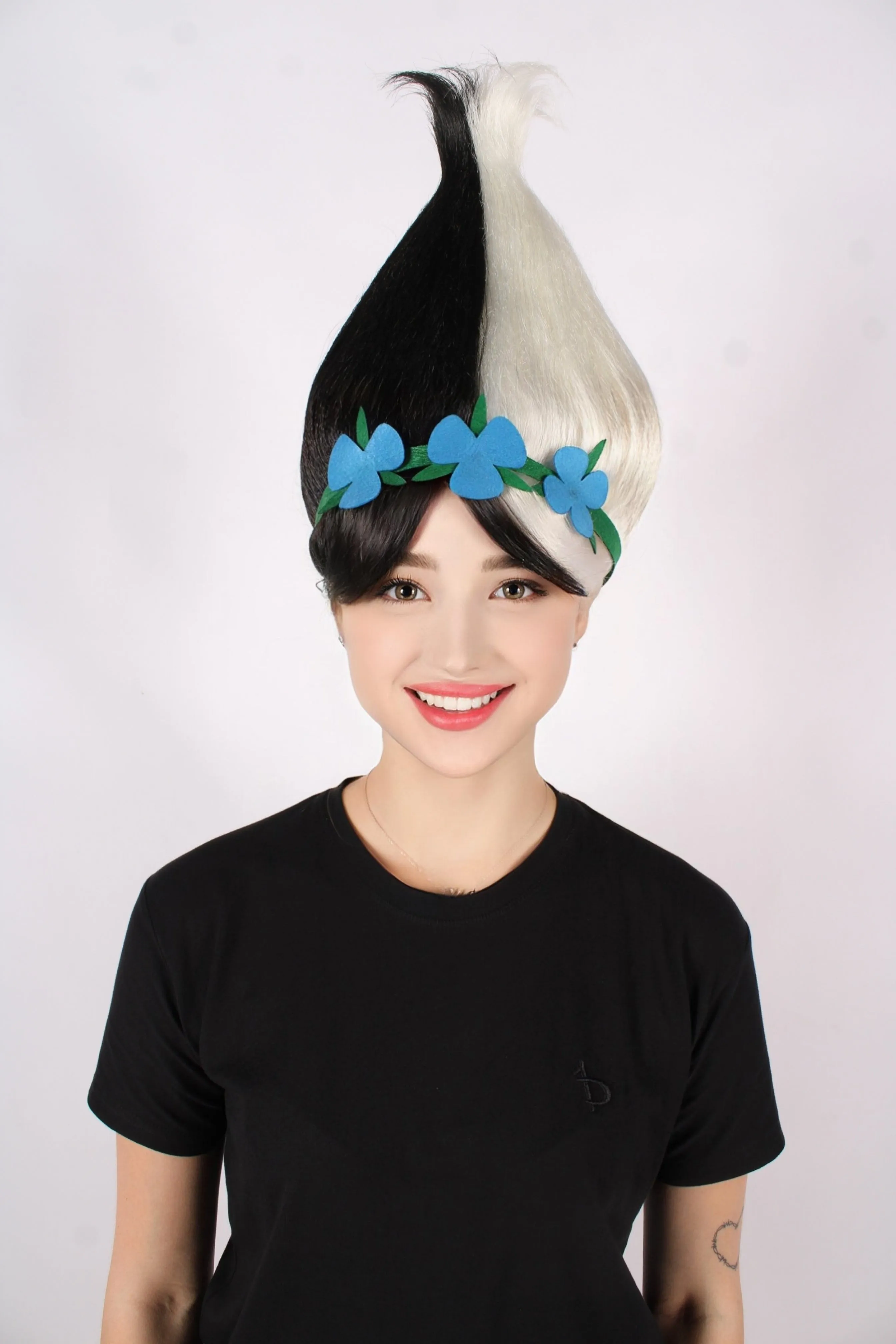 Princess Troll | Pink Pointy wig with Green and Blue Felt Flower Crown | Premium Halloween Wigs