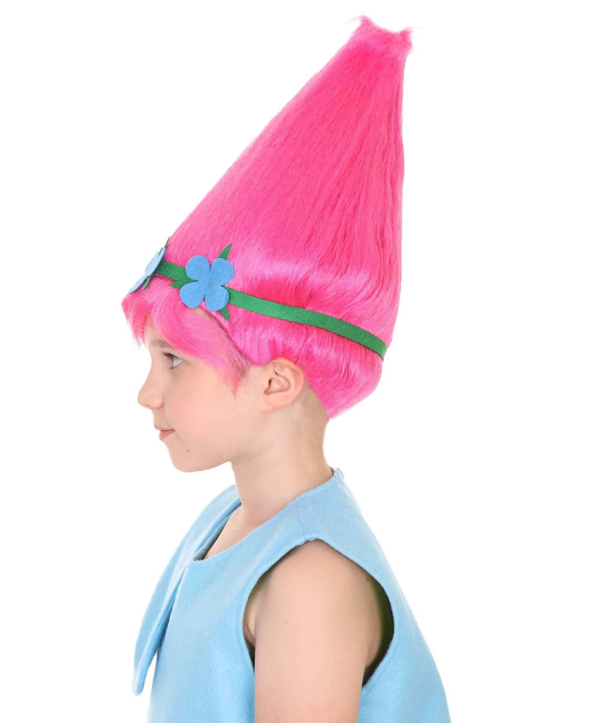 Princess Troll | Pink Pointy wig with Green and Blue Felt Flower Crown | Premium Halloween Wigs