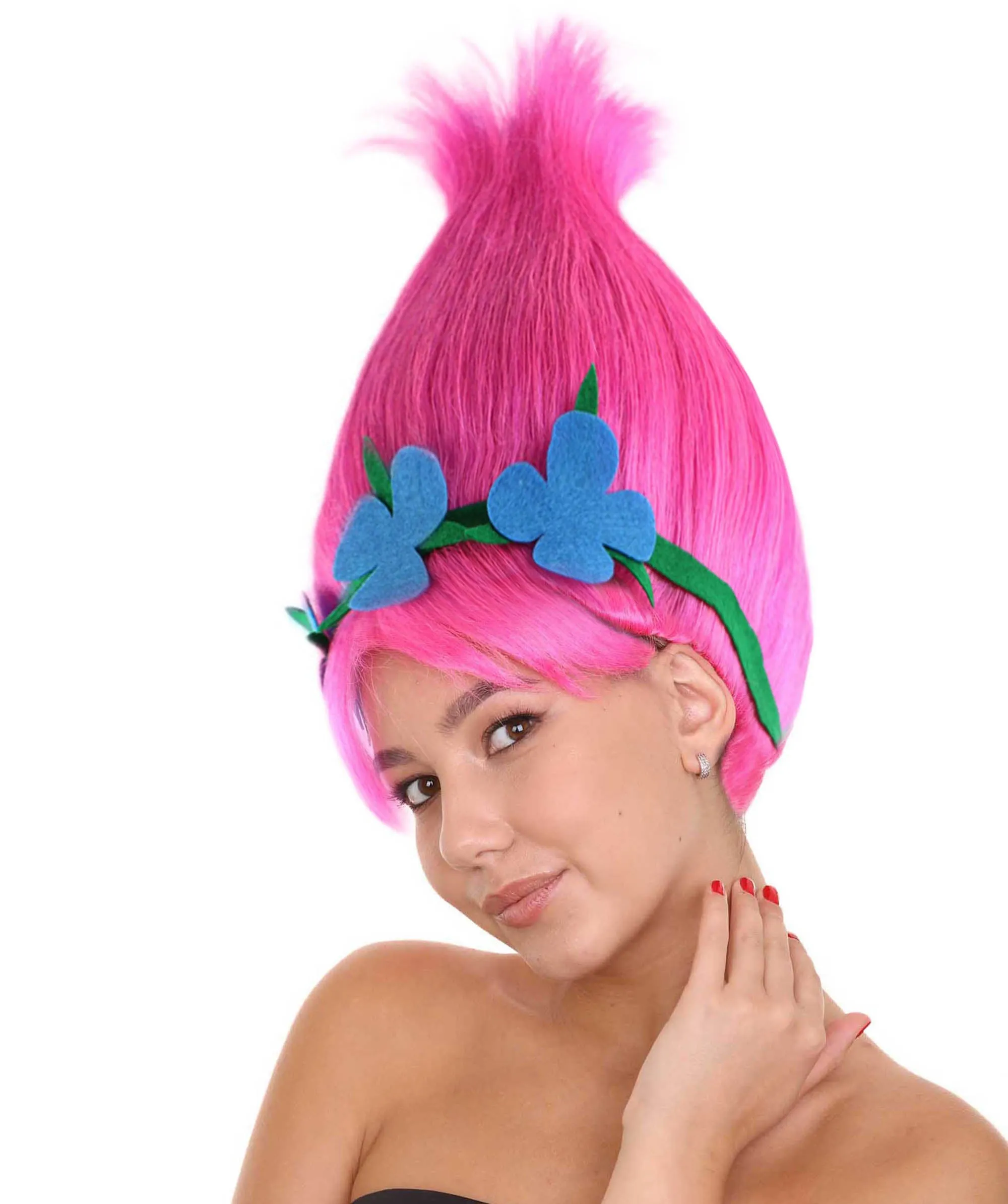 Princess Troll | Pink Pointy wig with Green and Blue Felt Flower Crown | Premium Halloween Wigs