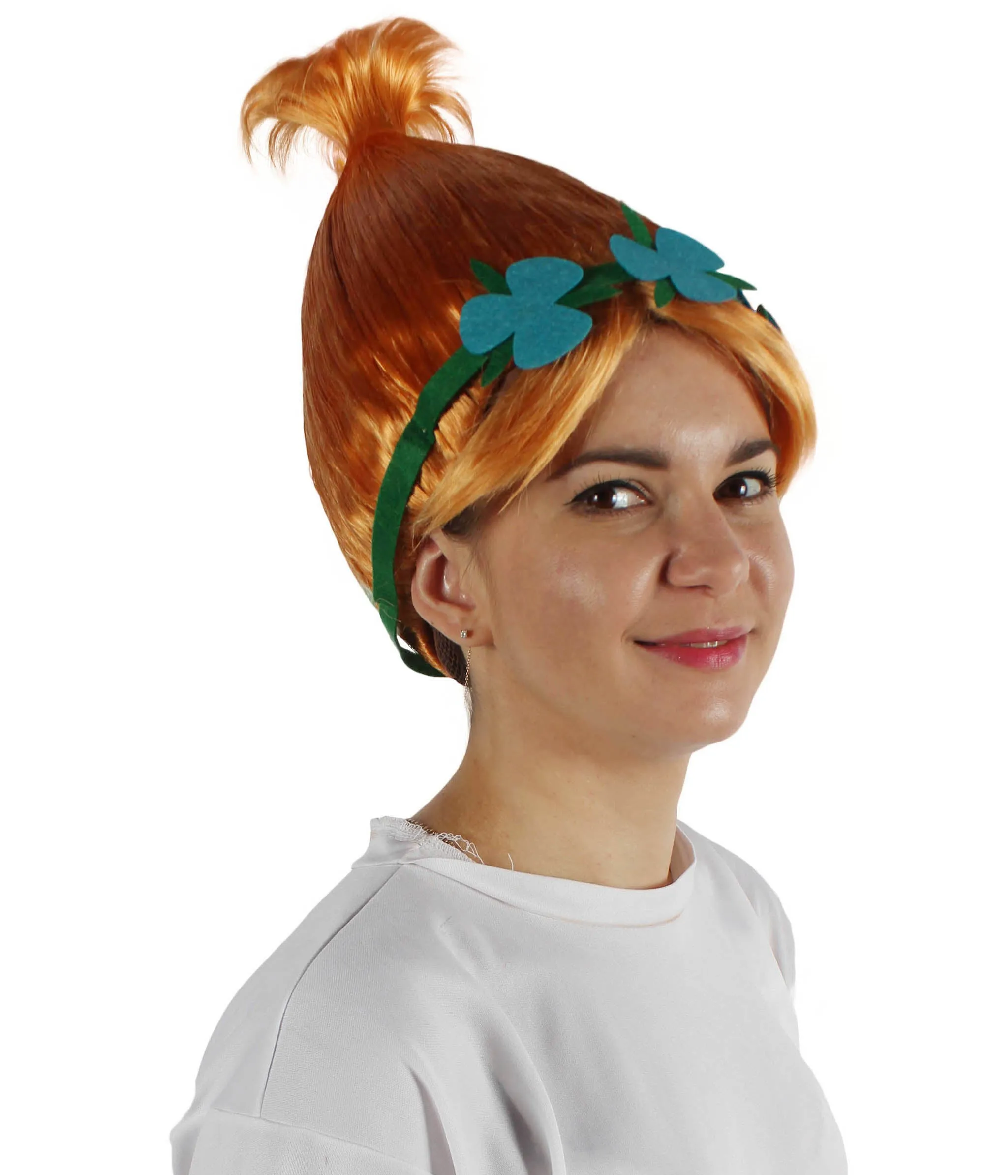 Princess Troll | Pink Pointy wig with Green and Blue Felt Flower Crown | Premium Halloween Wigs