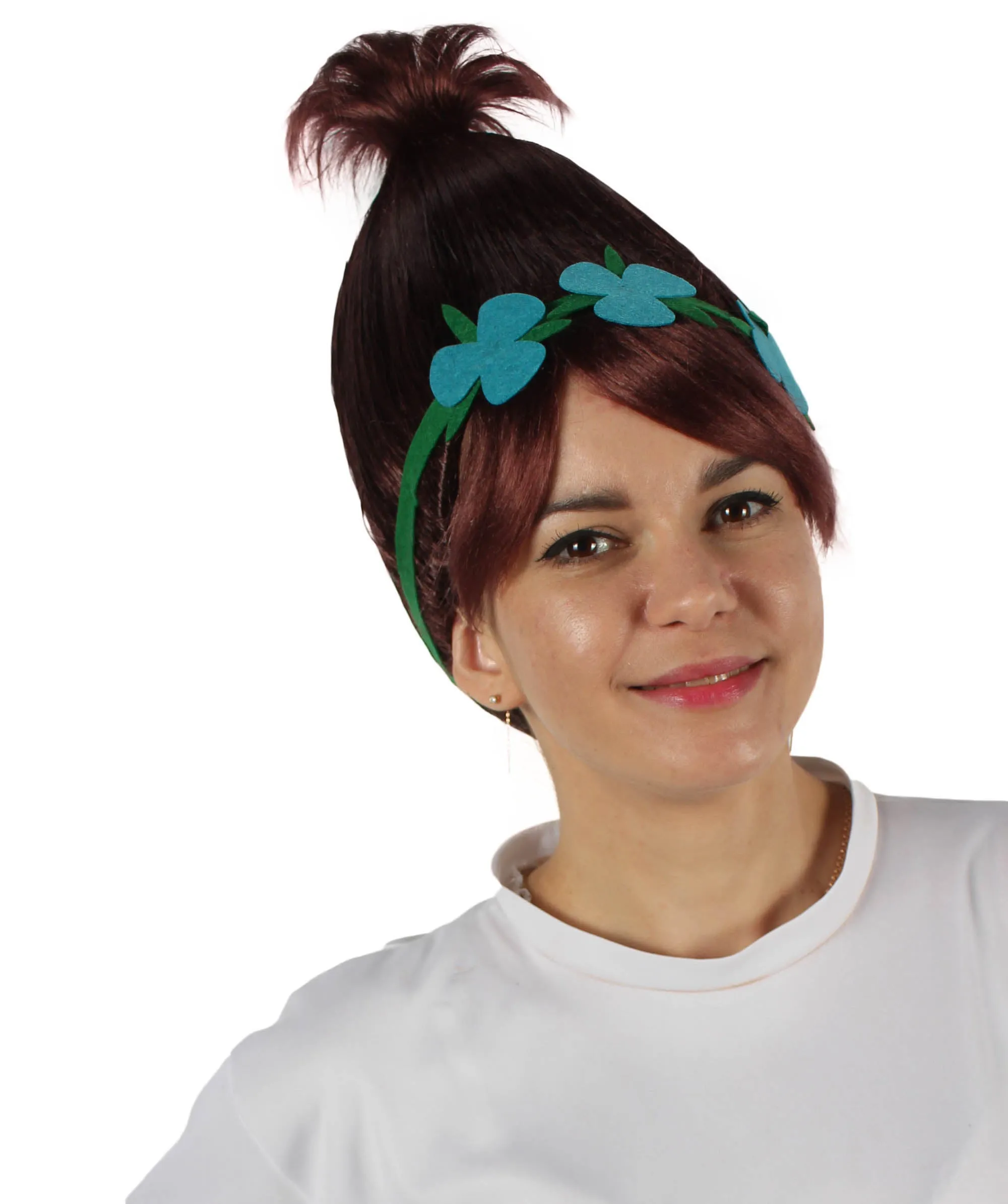 Princess Troll | Pink Pointy wig with Green and Blue Felt Flower Crown | Premium Halloween Wigs