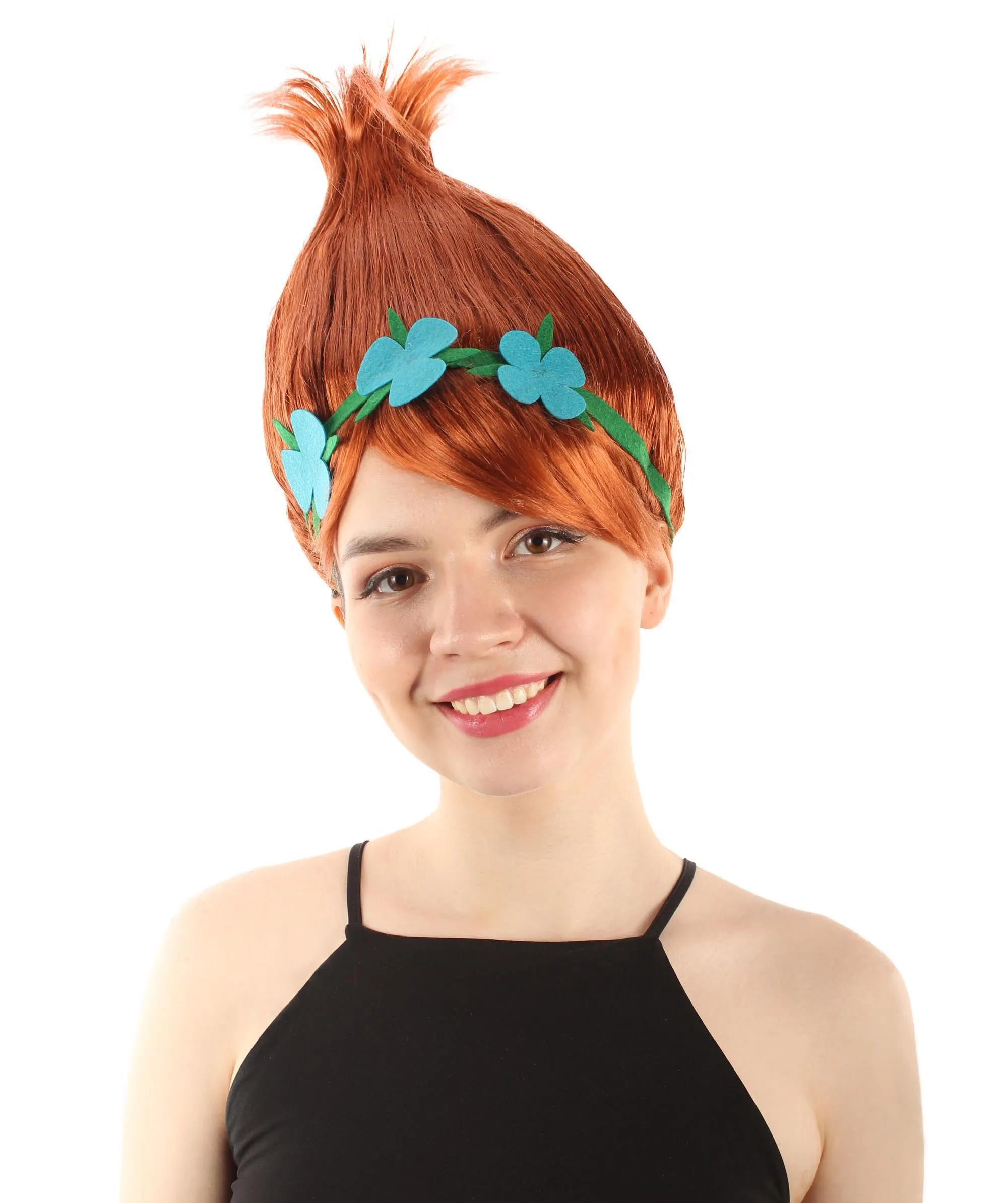 Princess Troll | Pink Pointy wig with Green and Blue Felt Flower Crown | Premium Halloween Wigs