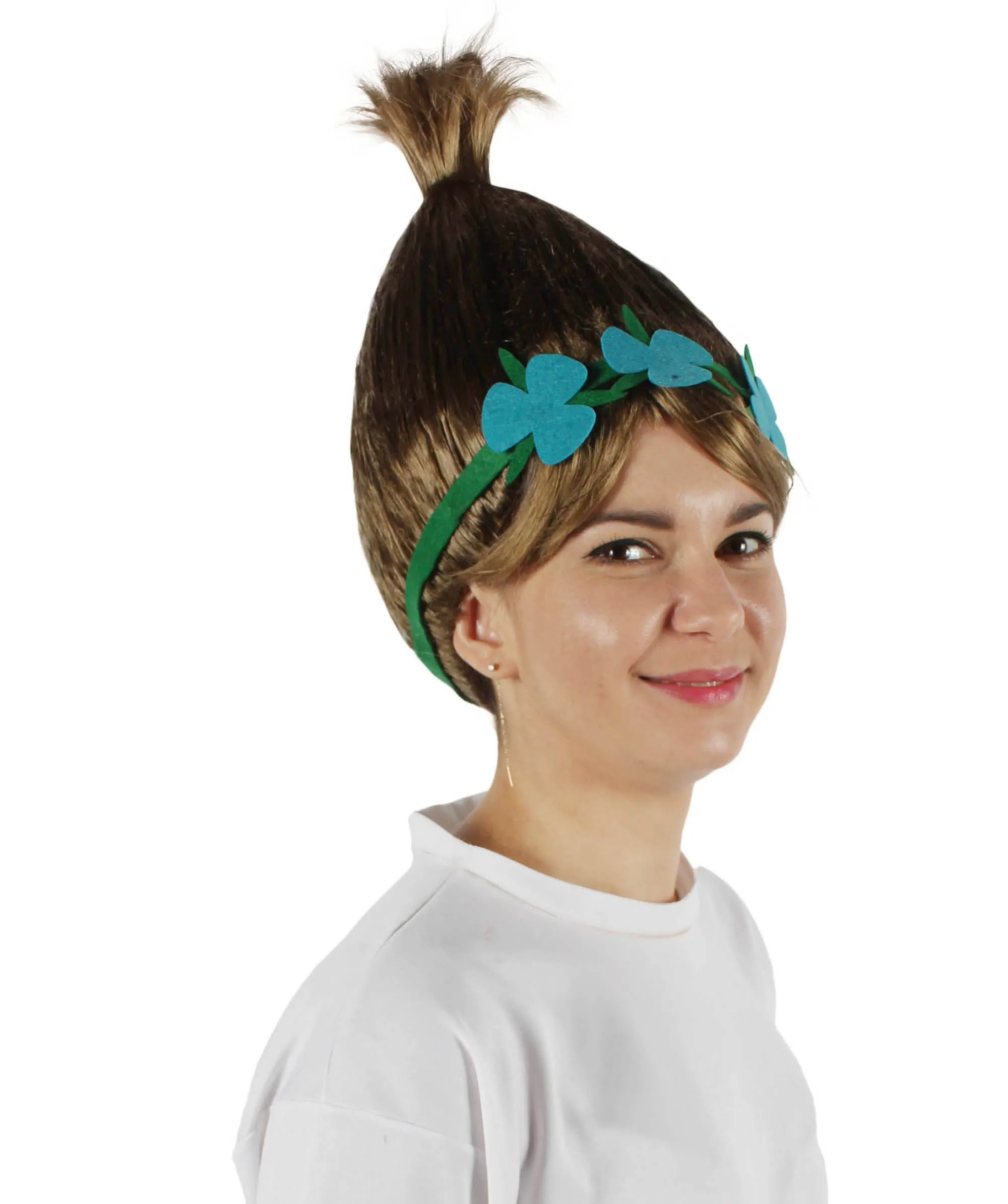 Princess Troll | Pink Pointy wig with Green and Blue Felt Flower Crown | Premium Halloween Wigs