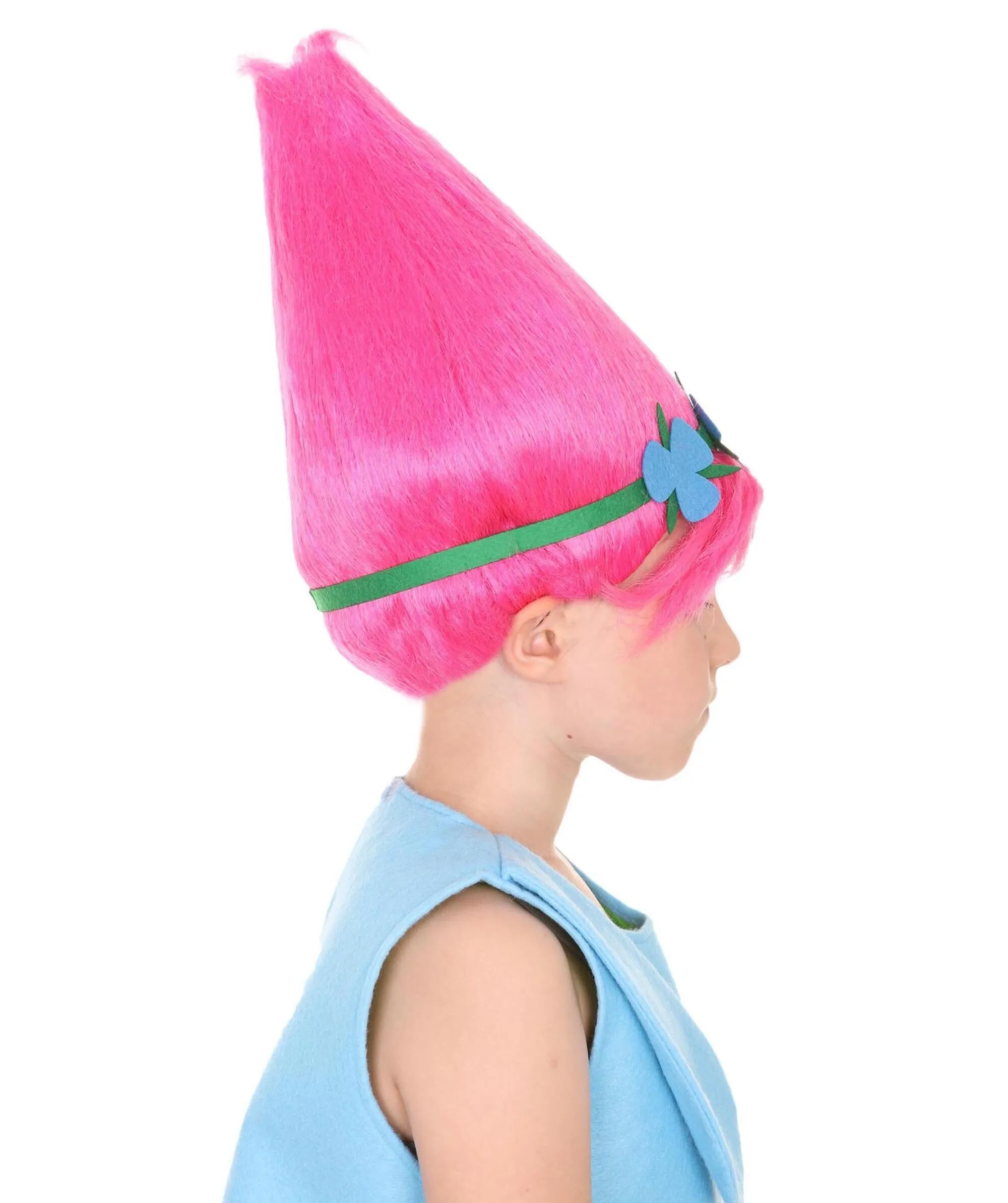 Princess Troll | Pink Pointy wig with Green and Blue Felt Flower Crown | Premium Halloween Wigs