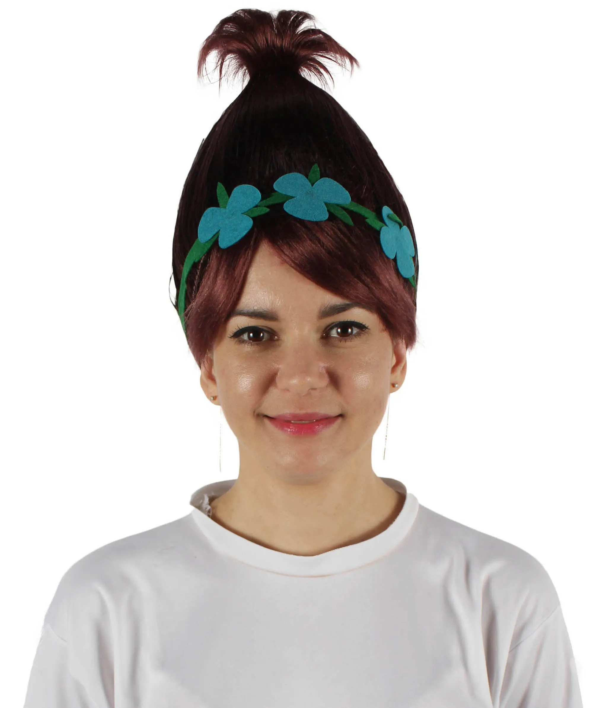 Princess Troll | Pink Pointy wig with Green and Blue Felt Flower Crown | Premium Halloween Wigs