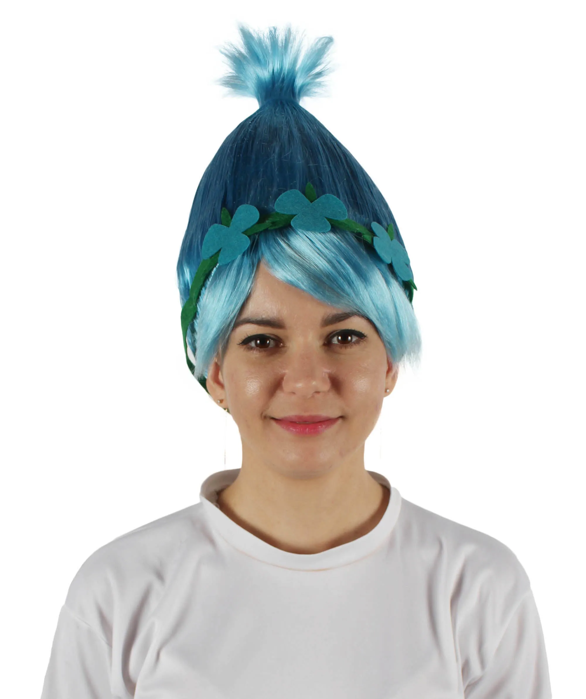 Princess Troll | Pink Pointy wig with Green and Blue Felt Flower Crown | Premium Halloween Wigs