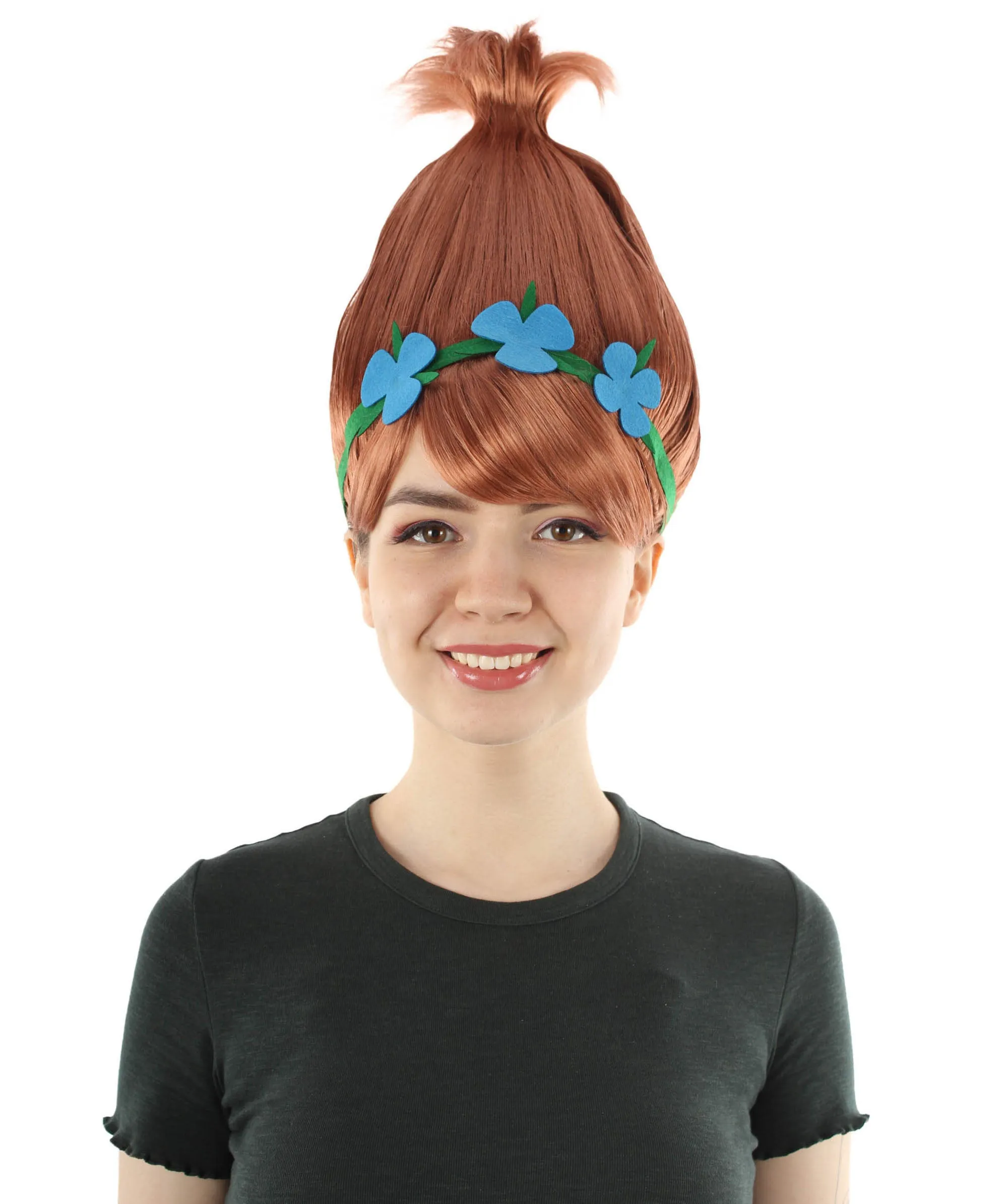 Princess Troll | Pink Pointy wig with Green and Blue Felt Flower Crown | Premium Halloween Wigs