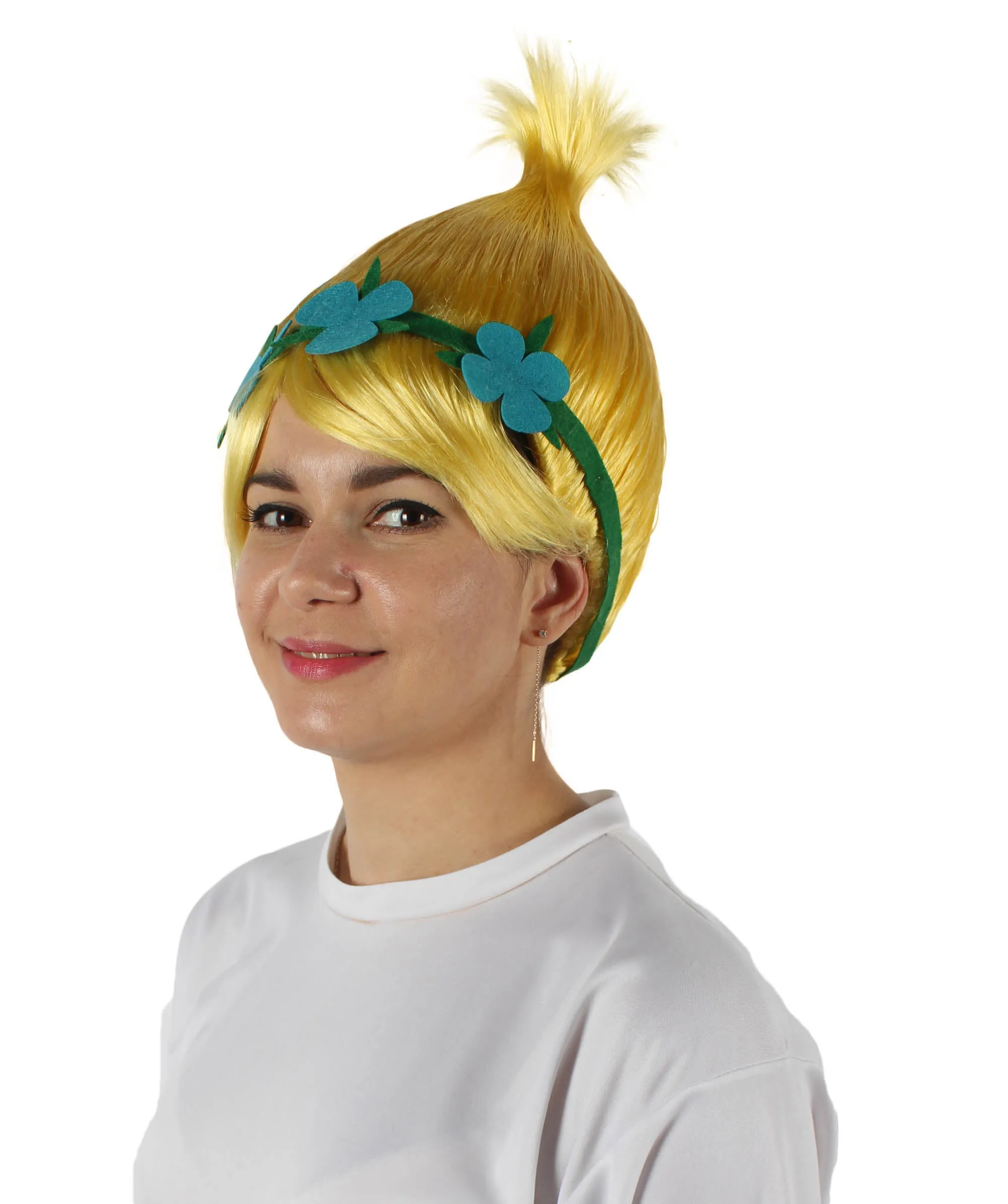 Princess Troll | Pink Pointy wig with Green and Blue Felt Flower Crown | Premium Halloween Wigs