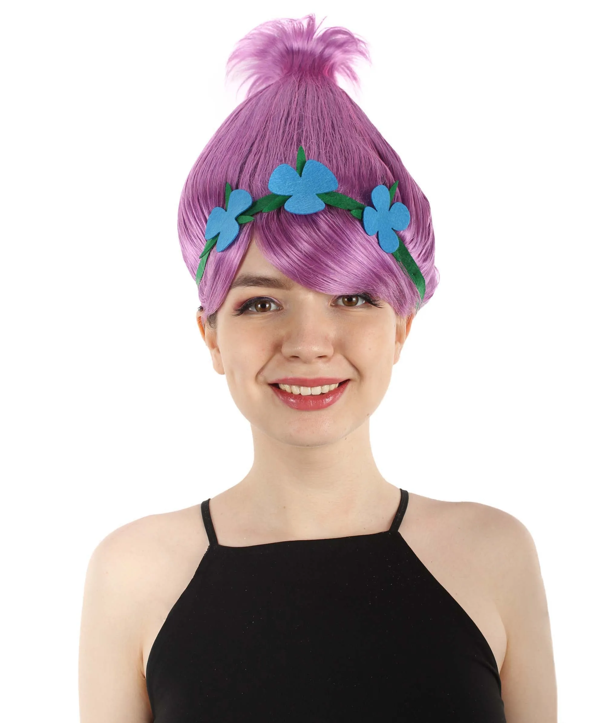 Princess Troll | Pink Pointy wig with Green and Blue Felt Flower Crown | Premium Halloween Wigs