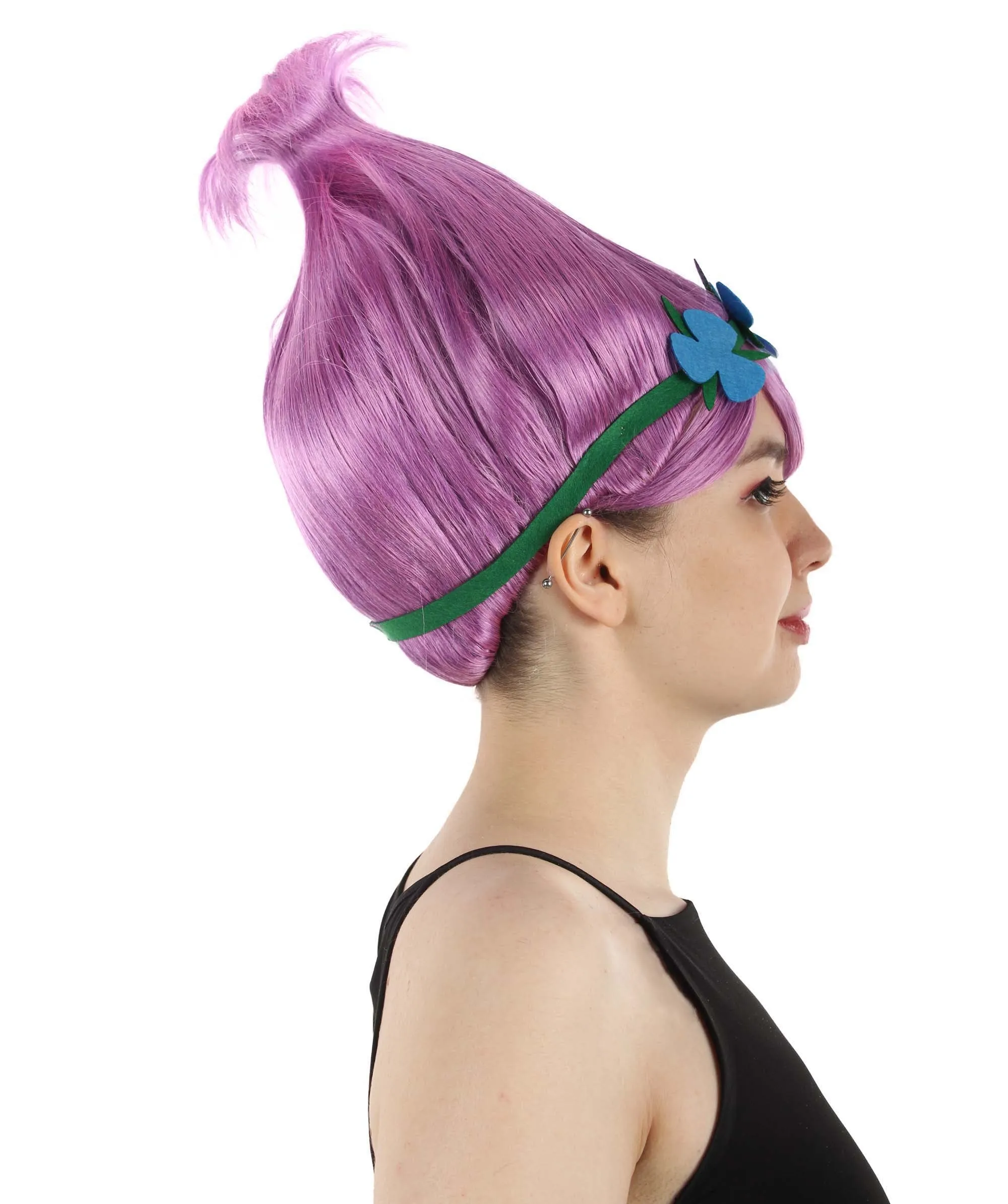 Princess Troll | Pink Pointy wig with Green and Blue Felt Flower Crown | Premium Halloween Wigs