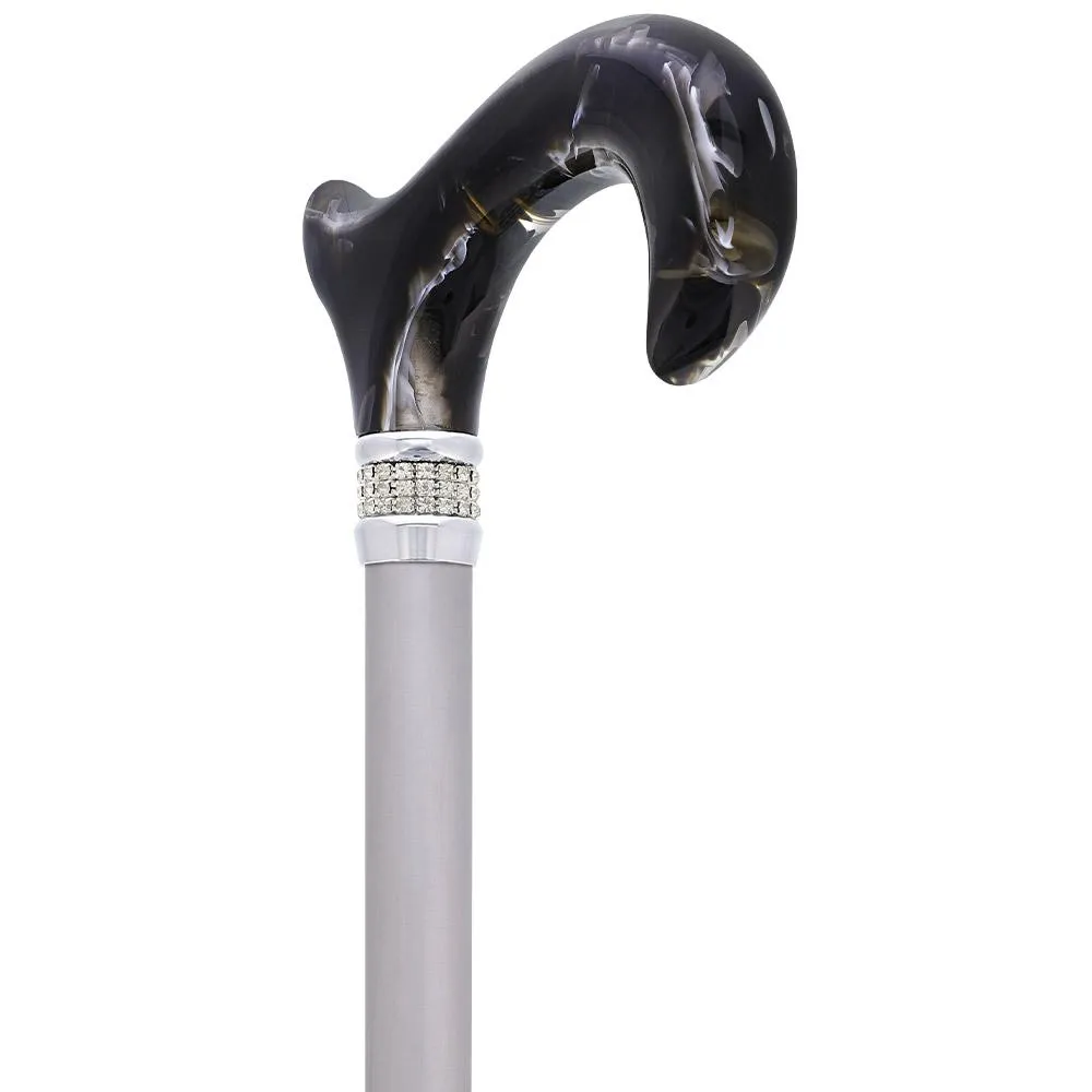 Scratch & Dent Black Marble Designer Derby Handle Walking Cane w/ Rhinestone Collar V1689