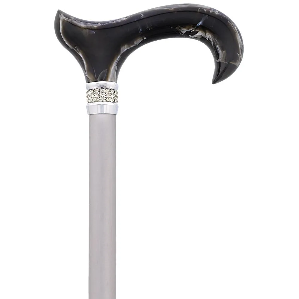 Scratch & Dent Black Marble Designer Derby Handle Walking Cane w/ Rhinestone Collar V1689